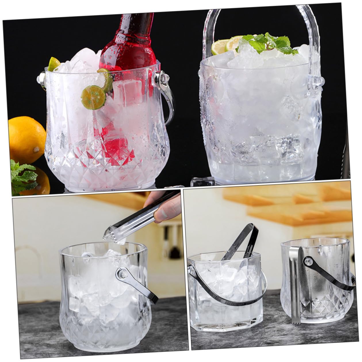 NUOBESTY Glaseimer Eiskübel mit Griff Edelstahl Glas Tragbarer Eisbehälter für Bar Ktv und Zuhause Verdickter Eiswürfelbehälter Zufälliger Stil