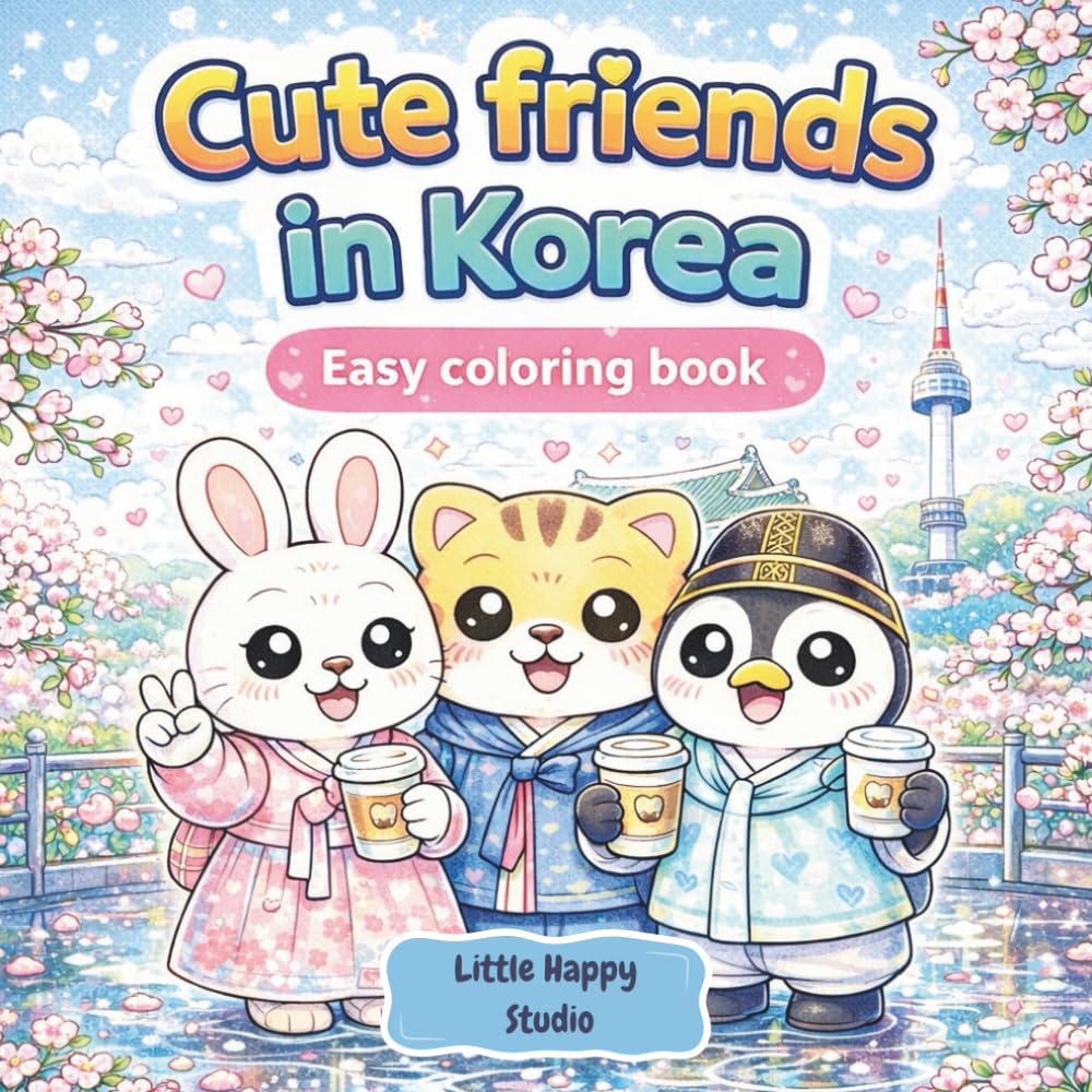Cute Friends: Coloring book for adults teens and children featuring cute kawaii animal characters in Korea - Easy and relaxing