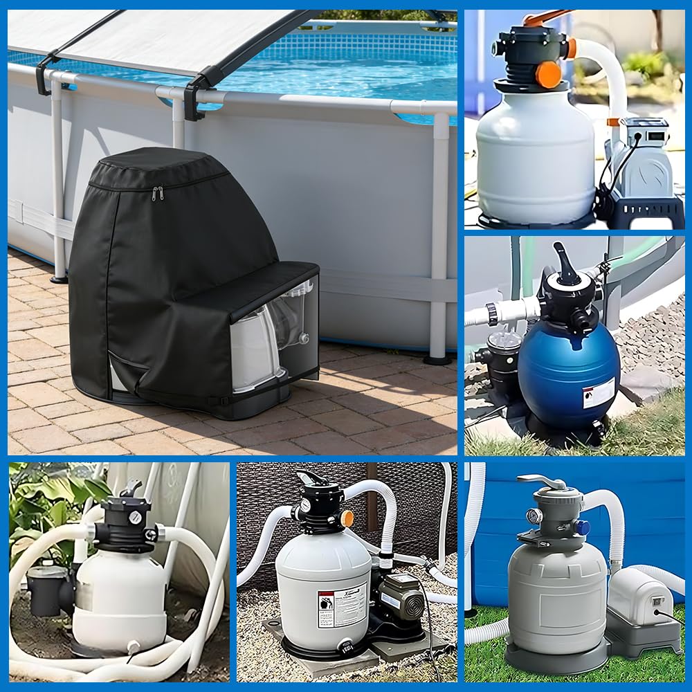 Poolpumpe Abdeckung, 600D Oxford Pumpenhäuschen für Poolpumpe mit Aufbewahrungstasche und Verstellbare Träger, Abdeckung für Poolpumpe, Whirlpool Pumpenabdeckung für Mehrere Marken(B)