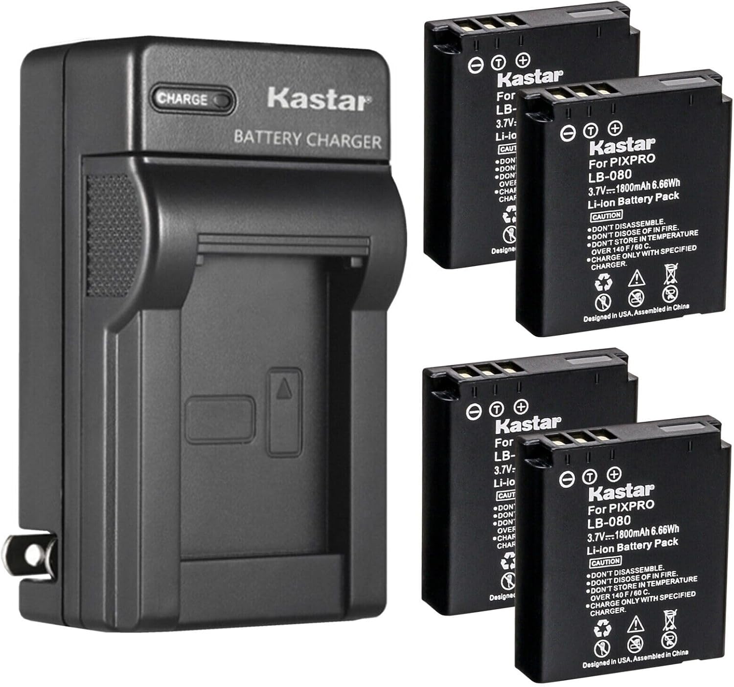Kastar 4-Pack Battery and AC Wall Charger Replacement for Kodak LB-080 NCA-K/102 Spare Battery, PIXPRO SP1 HD, SP1-YL3 Action Camera, PlaySport Zx5 Video Camera, PIXPRO SP360 4K, ORBIT360 4K VR Camera