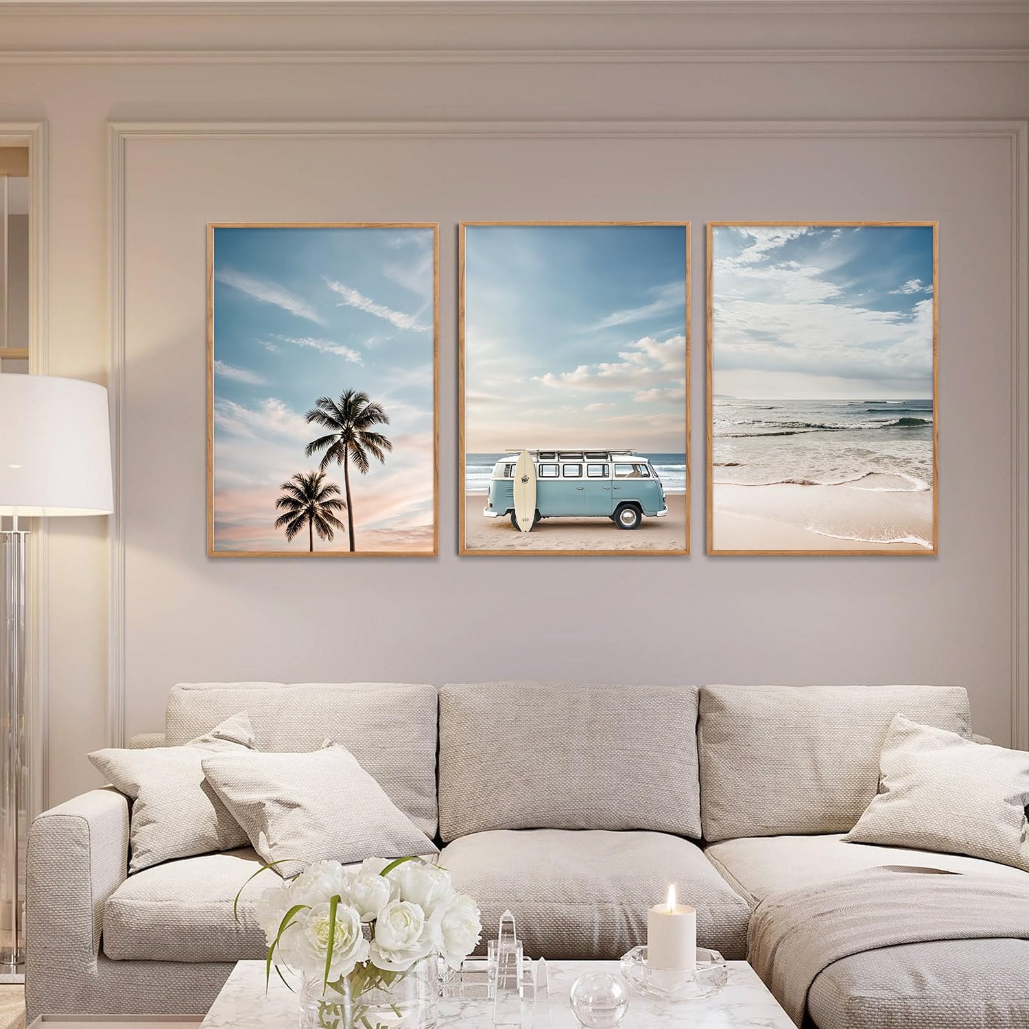 Ausril Large Ocean Beach Framed Canvas Wall Art Set, Bus and Palm Tree Wall Decor, Coastal Beach Surfboard Wall Painting, Modern Seaside Art Prints for Living Room, Bedroom, Dining Room - 24x36x3