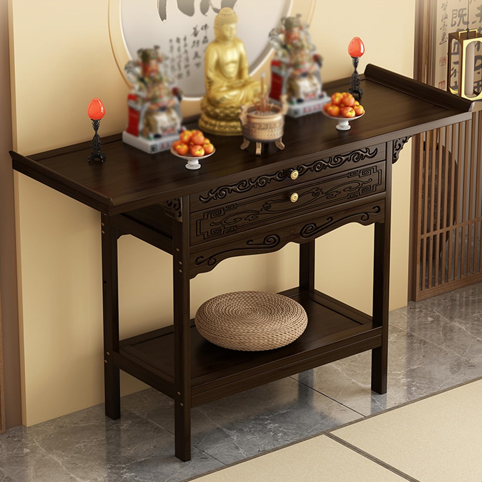 Table d'autel de méditation marron L120cm avec rangements pour sanctuaire bouddhiste à la maison