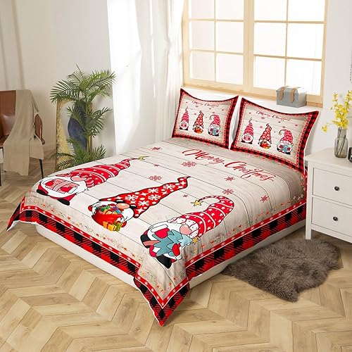 Miniatura 2 de Manfei Juego de funda de edredón de gnomos de Navidad, tamaño King, funda de edredón de Navidad rústica de madera y cuadros rojos con 2 fundas de