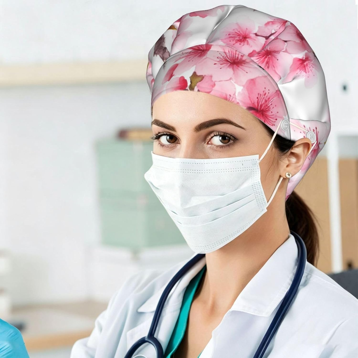 Cherry Blossom Bouffant Cap with Buttons, Sweatband Cap