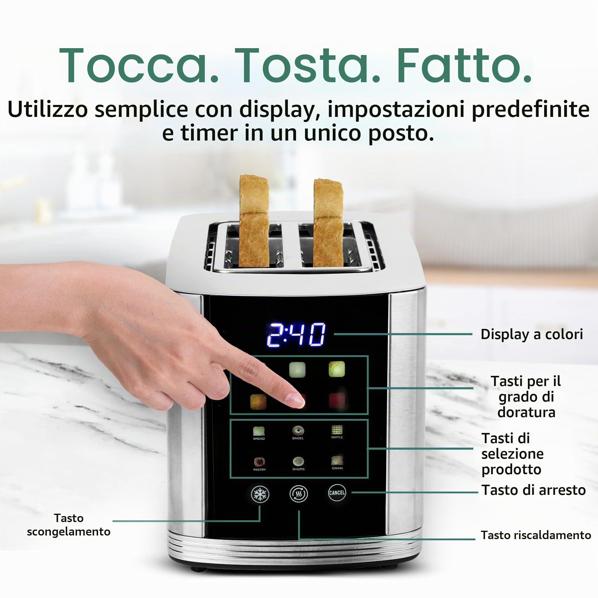 EMERIO Tostapane in acciaio inox con grande display a colori, touch, 2 fessure per tostapane, centraggio automatico, cassetto raccoglibriciole, scongelamento, riscaldamento, 6 livelli di doratura, 800