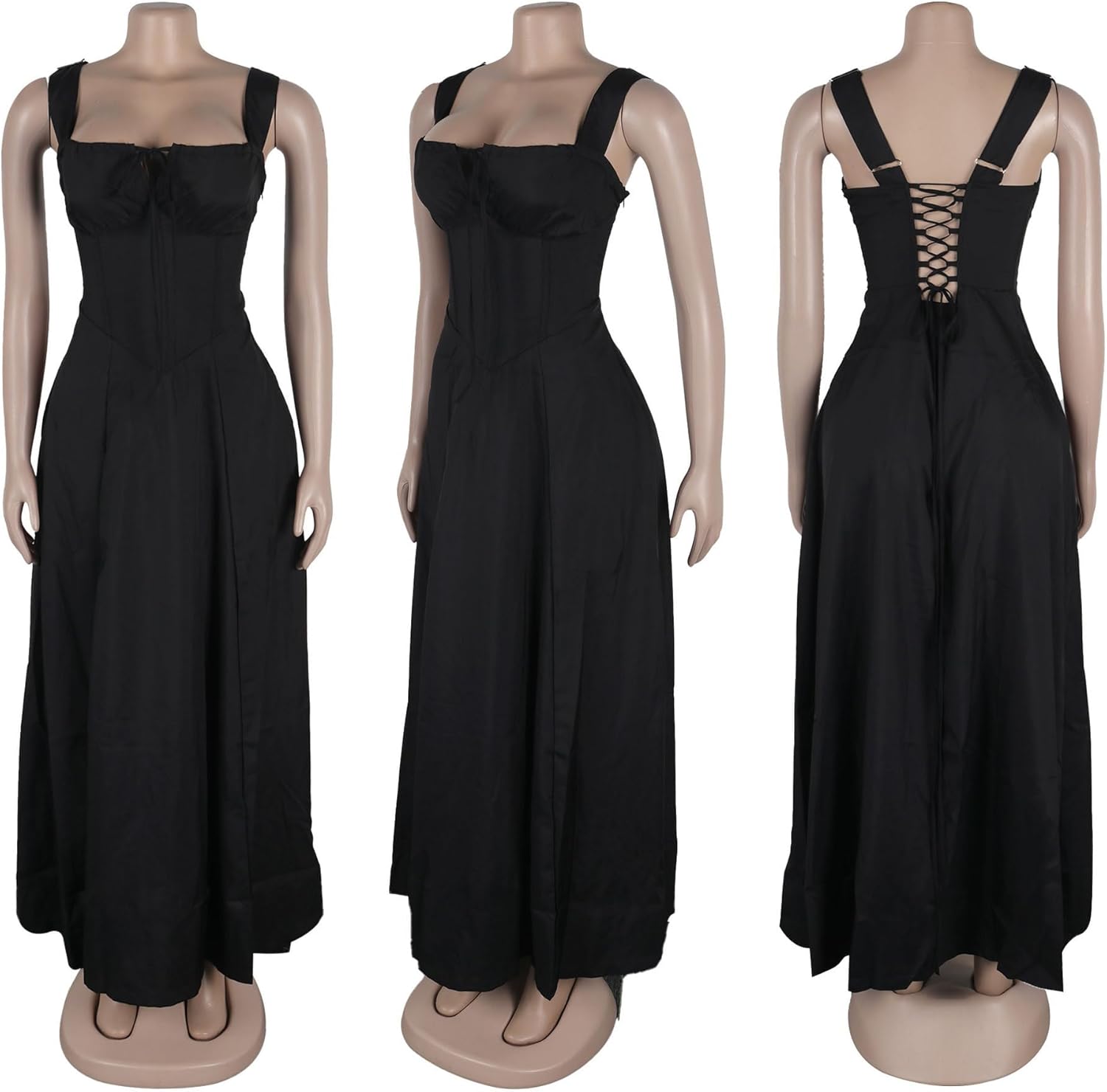 Generic Women Casual Corset Dress Sleeveless Lace Up Ruched Bodycon Split Tie Square Neck A Line Boho Flowy Maxi Sundress - Image 5