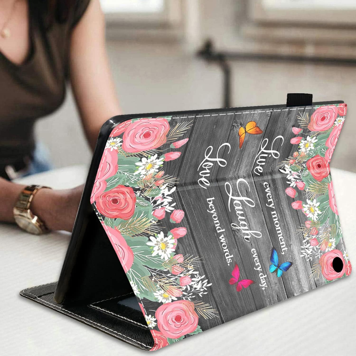 Case for All-New Fire HD 10/Fire HD 10 Plus Tablet 10.1" (11th Gen, 2021 Released) - Premium PU Leather Stand Cover with Auto Wake/Sleep - Floral Quote Live Laugh Love