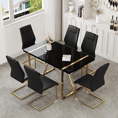 Miniatura 29 de Moderno juego de mesa de comedor para 4, juego de mesa de comedor dorado de 55 pulgadas con 4 sillas de piel sintética negra, mesa de madera negra