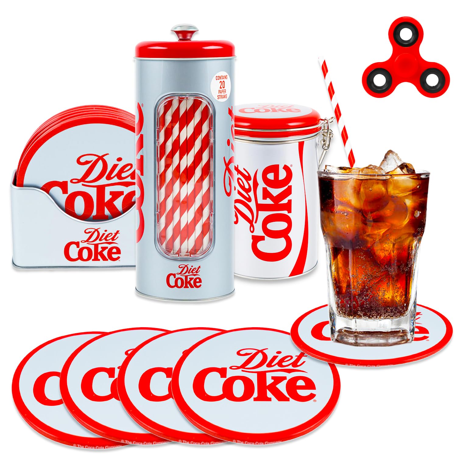 Diet Coke Kitchen Decor Set - Bundle with Cookie Jar, Coasters, Straw Holder with Straws Plus Fidget Spinner | Diet Coke Kitchen Accessories Pack