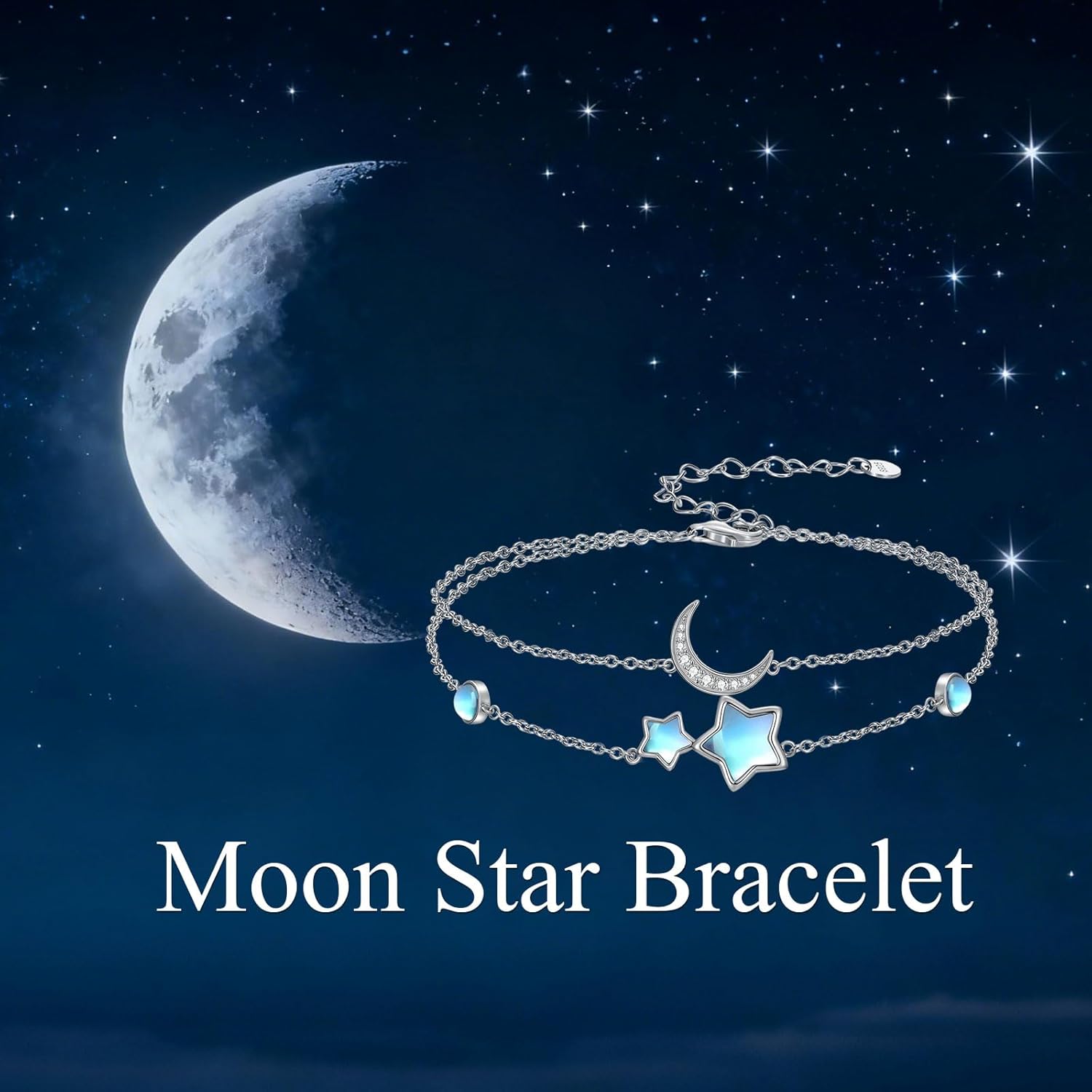 Moon Stars Bracelet Women Dainty Moonstone Bracelet 925 Sterling Silver Inspirational Jewelry Birthday Christmas for Women Wife Her Friend