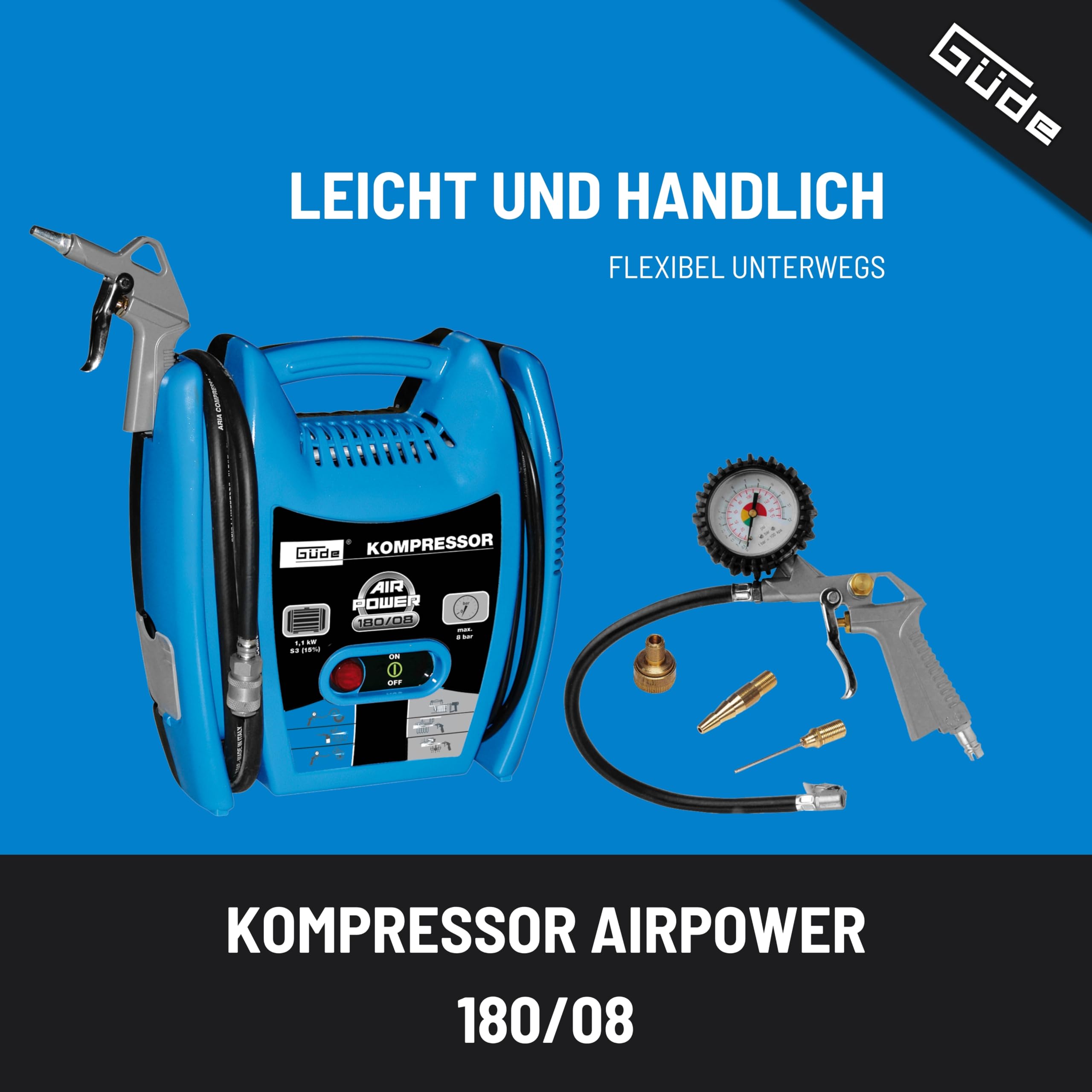 Güde Kompressor Airpower 180/08 (ölfrei & wartungsarm, Riemenantrieb, 8 bar, 1100 W, eff. Liefermenge 140 l/min, 2,5 m Druckluftschlauch mit Schnellkupplung, inkl. Zubehör)