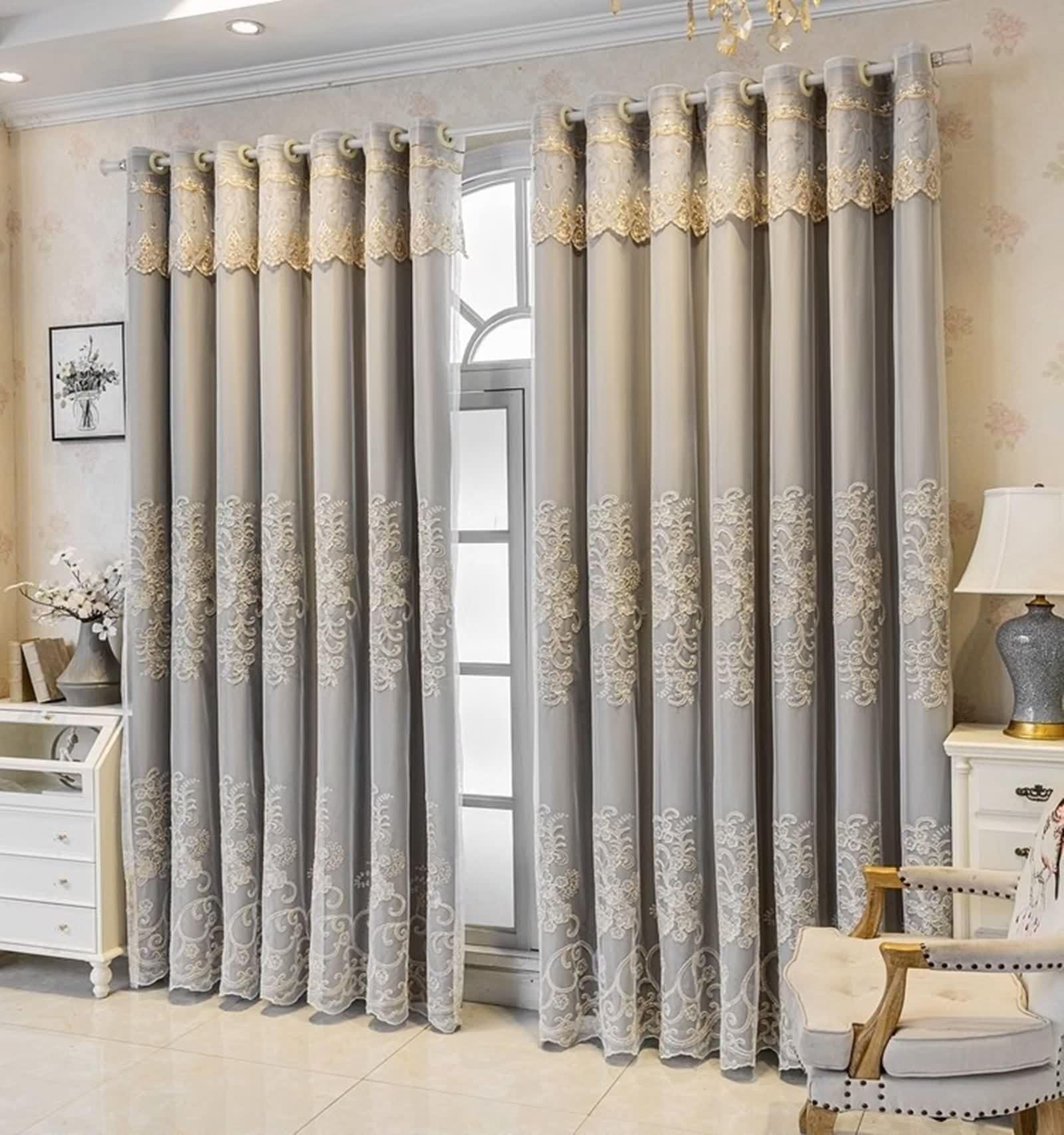 Zasłony 160 cm długość 2 panele, szare czarne rustykalne zasłony wiejskie poliester koronka haft dwuwarstwowy szer. 137 x dł. 160 cm