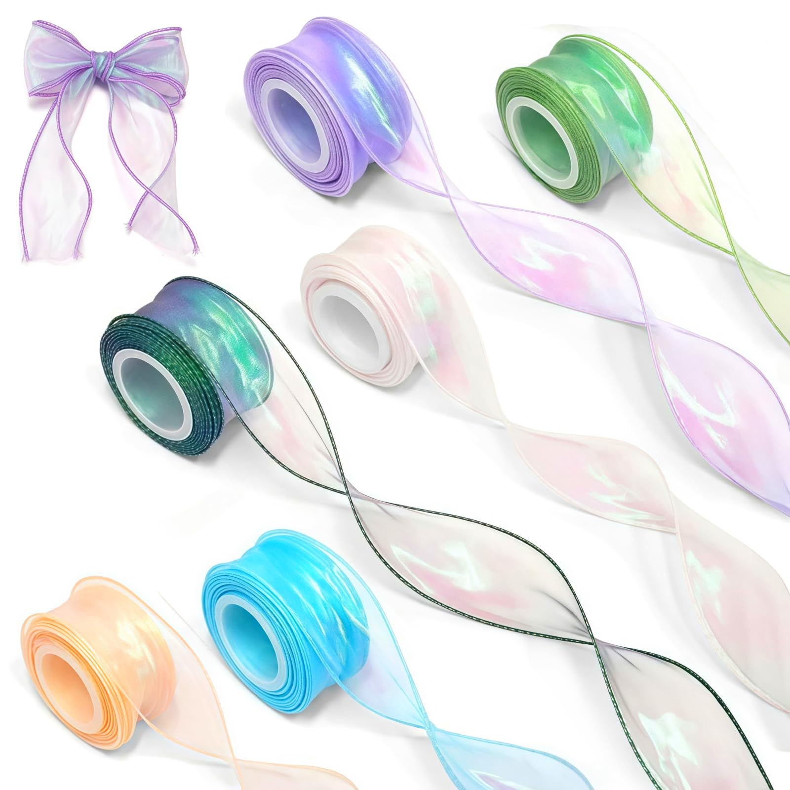 Organza Ribbon, 6 Rolls of 40mm Wide Chiffon Ribbon, Curling Ribbons for Gift Wrapping, Transparent Iridescent Ribbons for Wedding Christmas Invitations Bouquet Crafts Decor