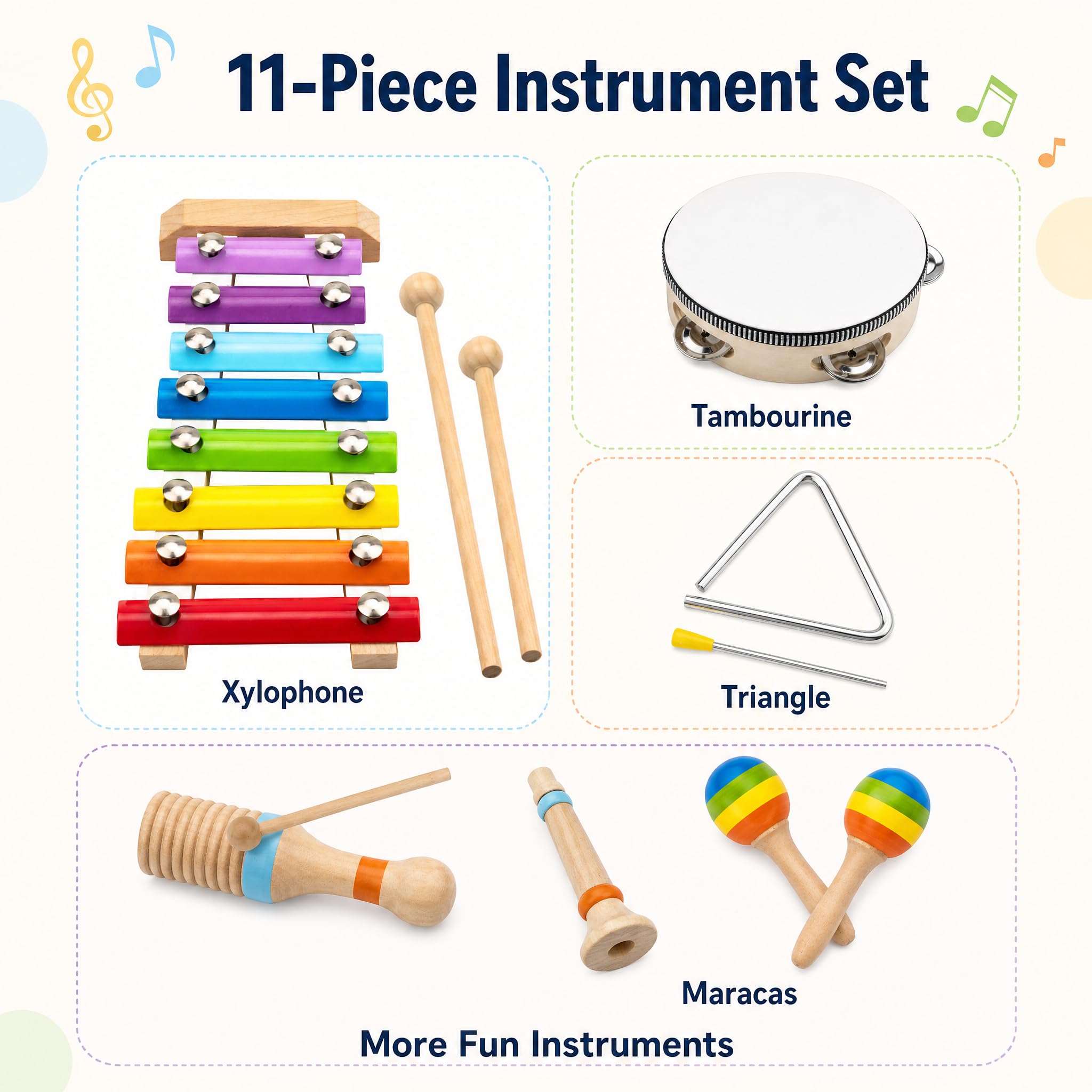 Montessori Musikinstrumente aus Holz für Kleinkinder, pädagogisches Schlagzeug für Babys mit Xylophon und Maracas und mehr, Musikspielzeug für Vorschulkinder