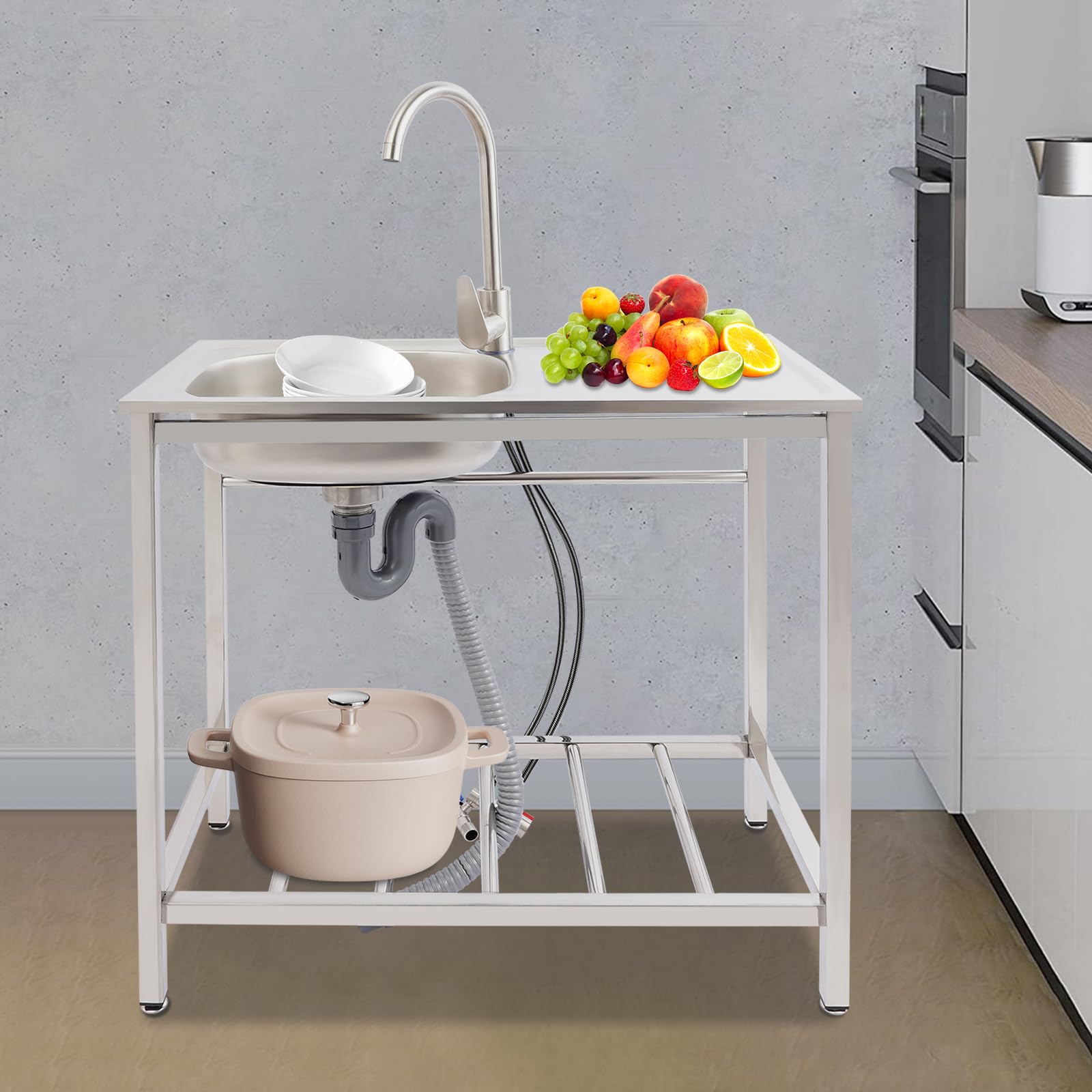 Lavello da esterno autoportante, 1 vasca lavello mobile con rubinetto per acqua calda e fredda e mobiletto sottostante, tavolo lavello in acciaio inox lavello da cucina per ristoranti, caffè