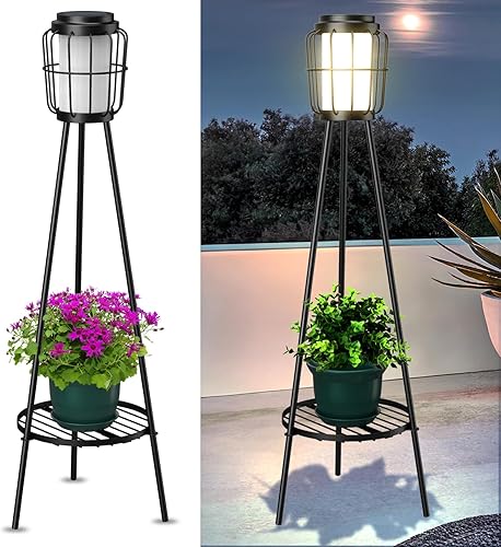 Paquete de 2 luces solares para exteriores con soportes para plantas, lámpara de pie solar, luces de calle alimentadas por energía solar, luces de