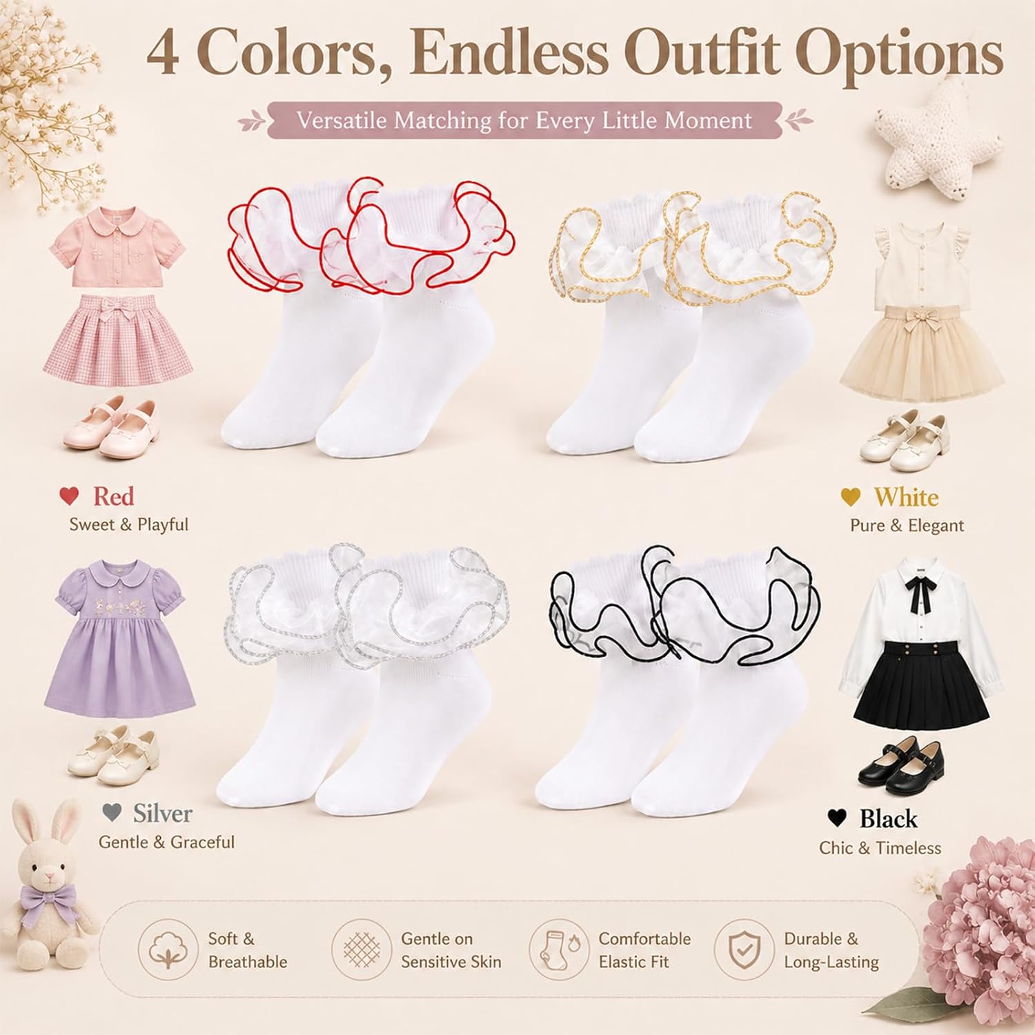 4 Pairs Girls Ruffle Socks Toddler White Socks with Colored Ruffles Double Lace Frilly Turn Cuff Pageant Dress Church