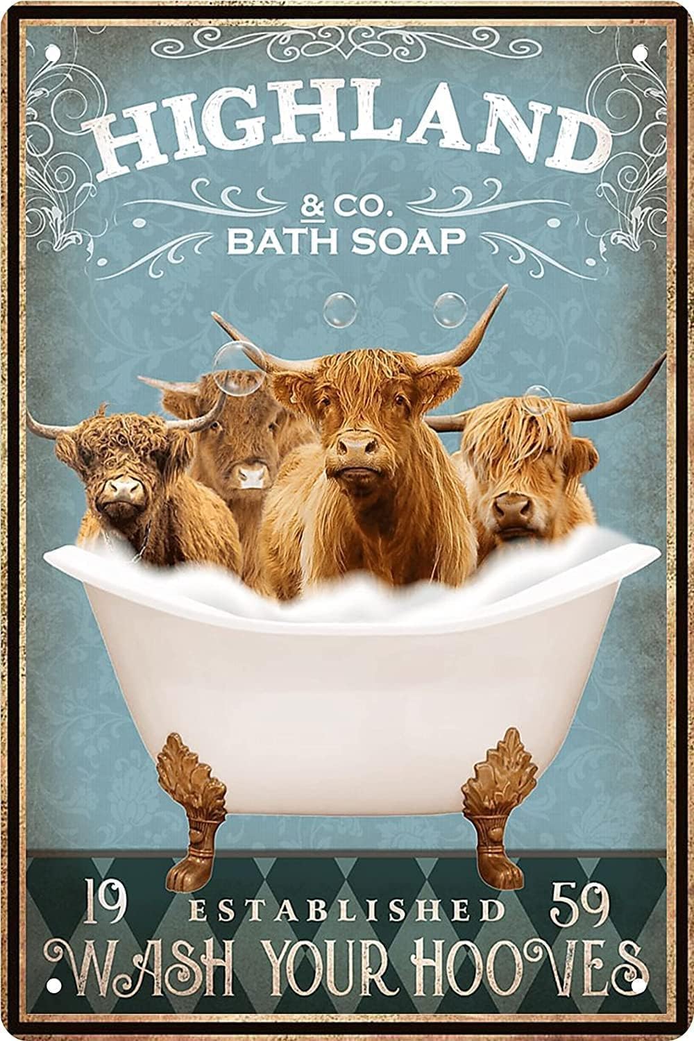 Yunking Iq11-65 Funny Highland Cow Decor Vintage Bathroom And Bathtub Metal Tin Sign Decor Highland Cow Pet Lovers Gift Farm Home Bar Bathroom Man Cave Retro Wall Art Poster Sign Accessories 12X8 In