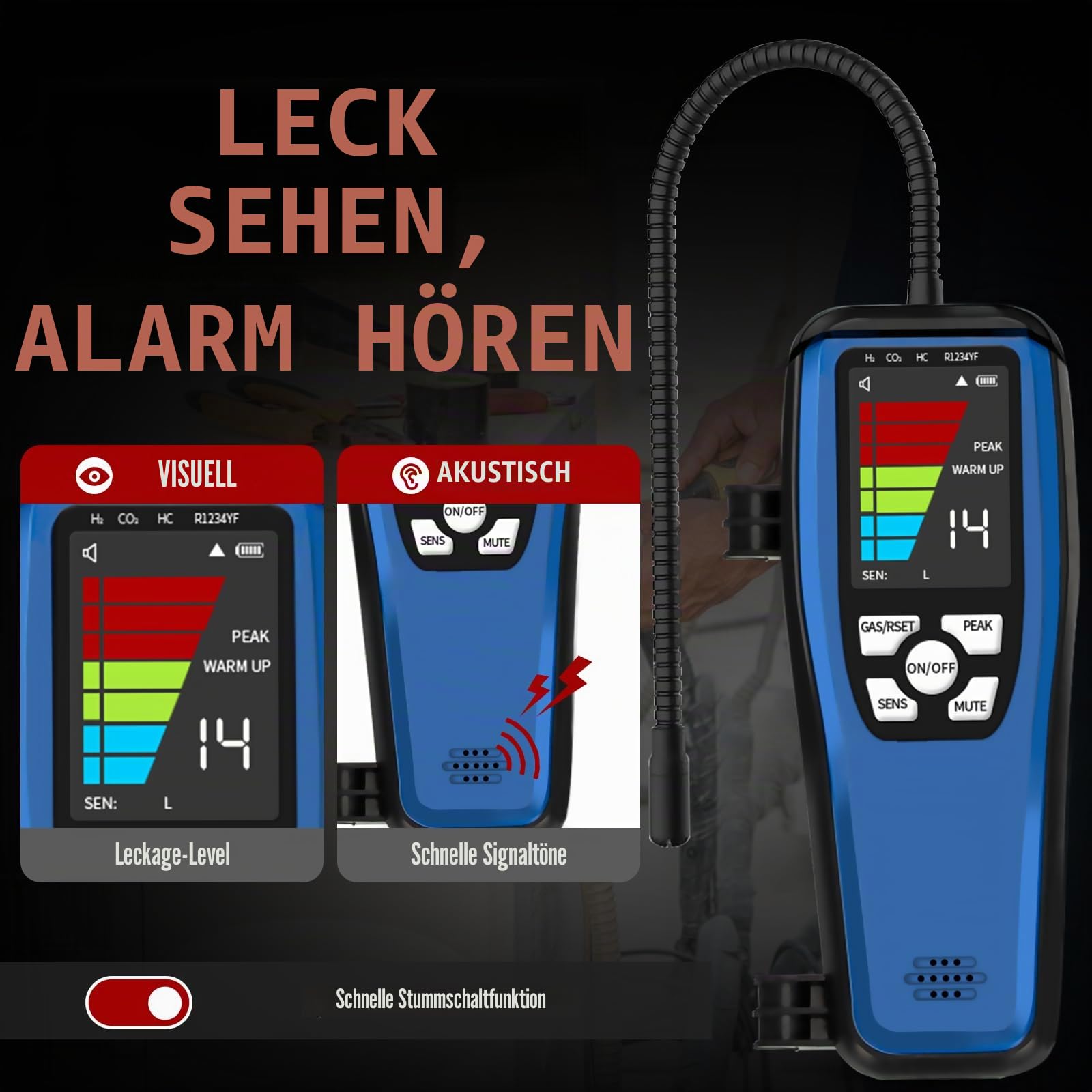 Kältemittel Lecksuchgerät, ALD-200 Freon Lecksuchgerät, batteriebetrieben, Freon-Sniffer, Halogen Detektor für R32, R454B, R134A, R410A, R22, R1234YF, R600a, R290, FCKW, HFCKW, HFKW, HCs, HFO