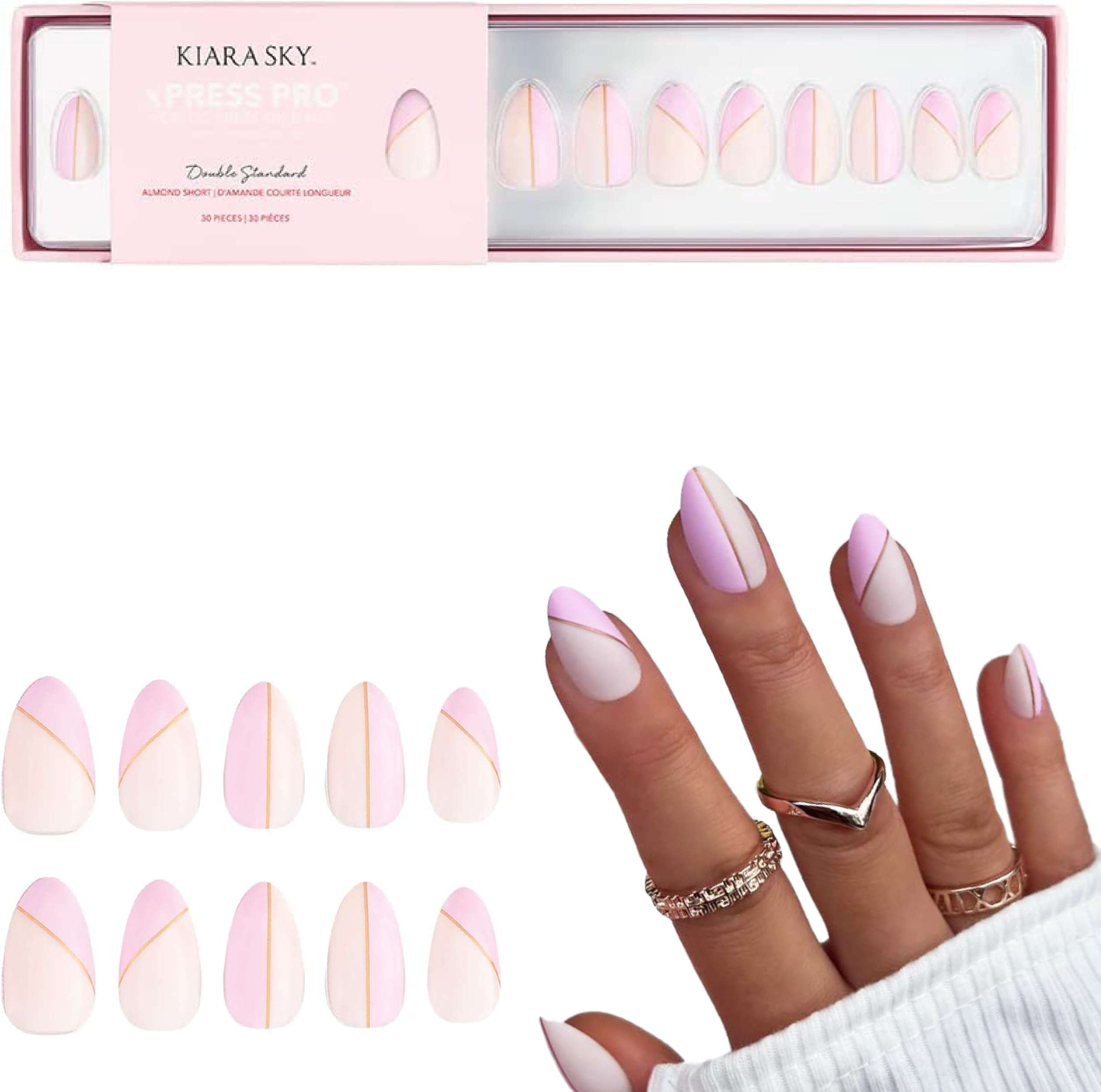 Kiara Sky Press On Nails | XPRESS PRO 100% Acrylic Nails | 30-Piece Kit Includes Nail Glue, Cuticle Pusher, File & Prep Pad | Almond Short - Double Standard