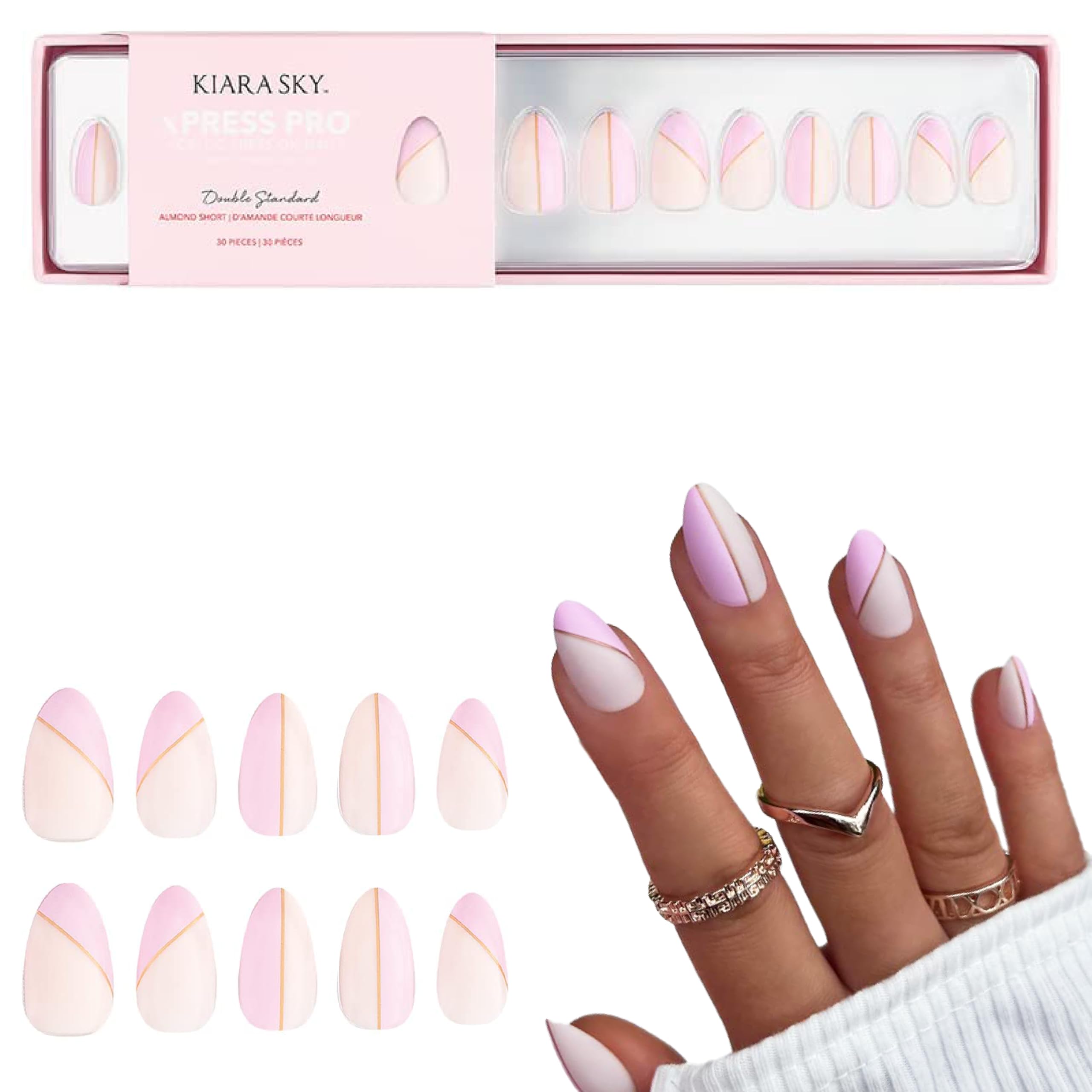 Kiara Sky Press On Nails | XPRESS PRO 100% Acrylic Nails | 30-Piece Kit Includes Nail Glue, Cuticle Pusher, File & Prep Pad | Almond Short - Double Standard