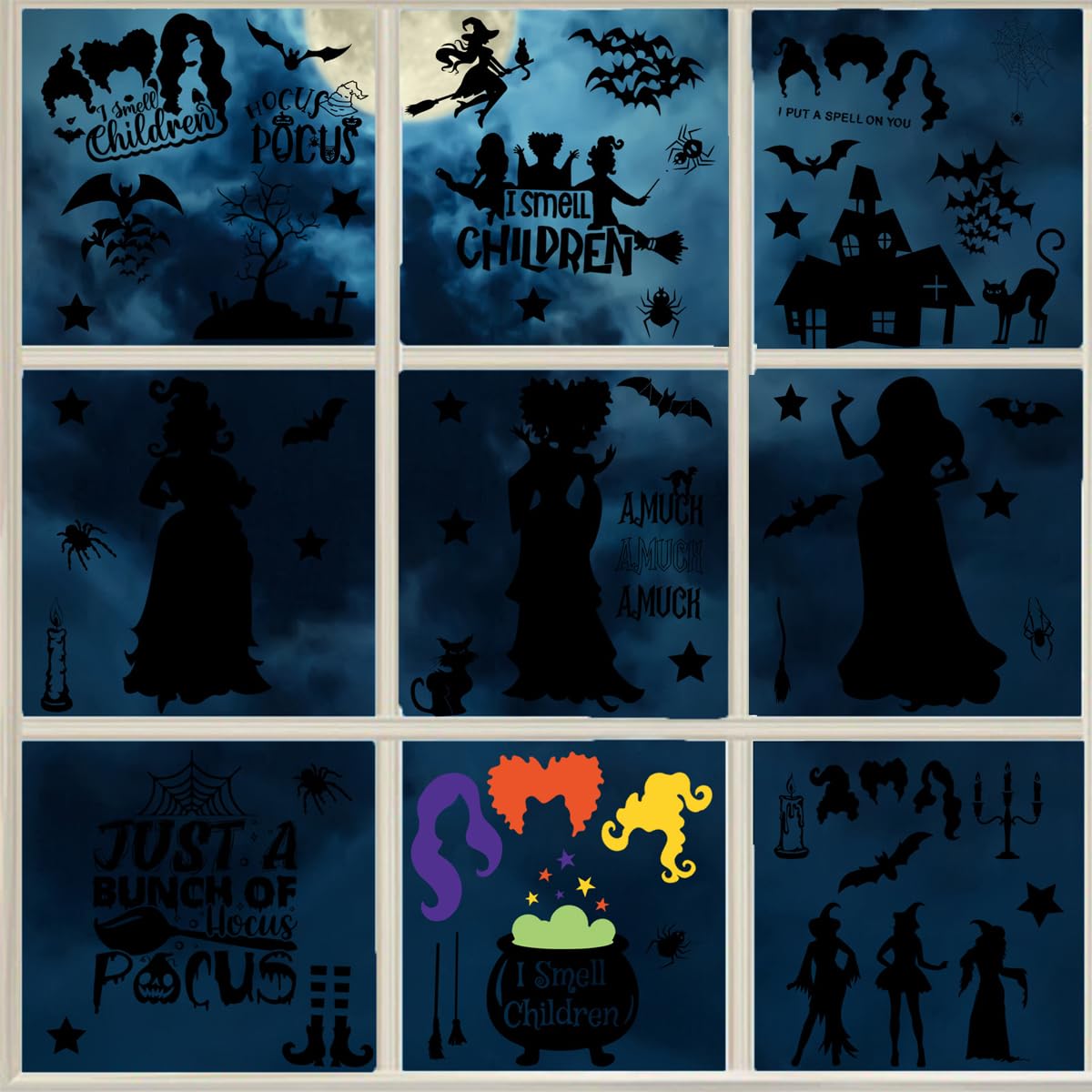 Halloween Window Clings Decals for Window Glass Decorations 9 Sheets Static Window Stickers Witch Bat Spider Black Cat Stickers for Halloween Party Decoration Supplies