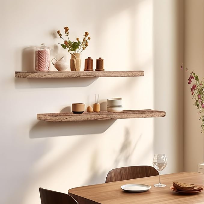 Floating Shelves 36 Inches Long, Set of 2 Rustic Wood Wall Mounted Shelves, Wall Picture Ledge Shelf with Invisible Metal Brackets for Living Room, Bedroom, Bathroom, Carbonized Black