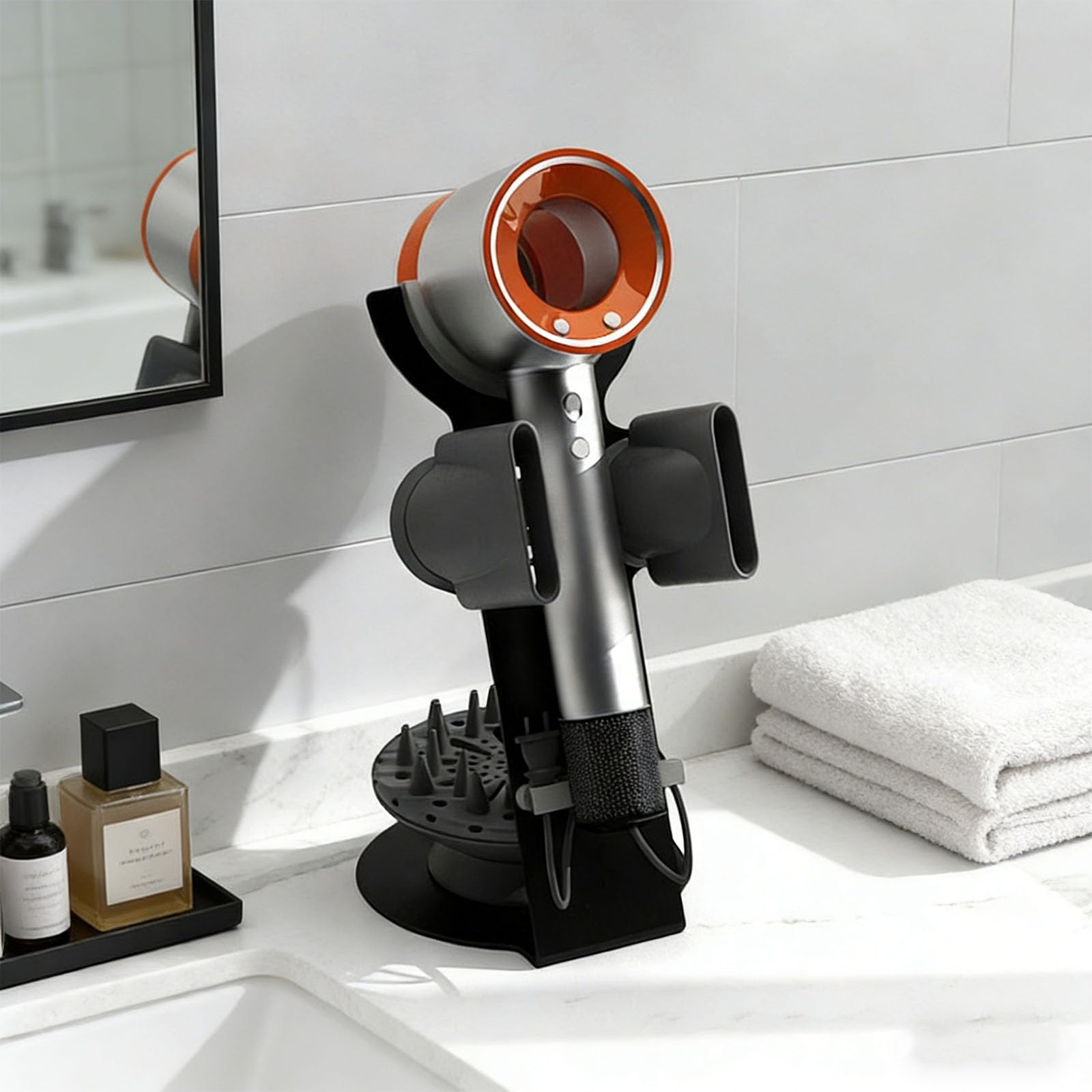 Soporte para secador de pelo fácil de instalar, soporte complementario para almacenamiento accesible en el baño, fuerte sustancia de hierro, no deslizante, soporte para secador de pelo con base