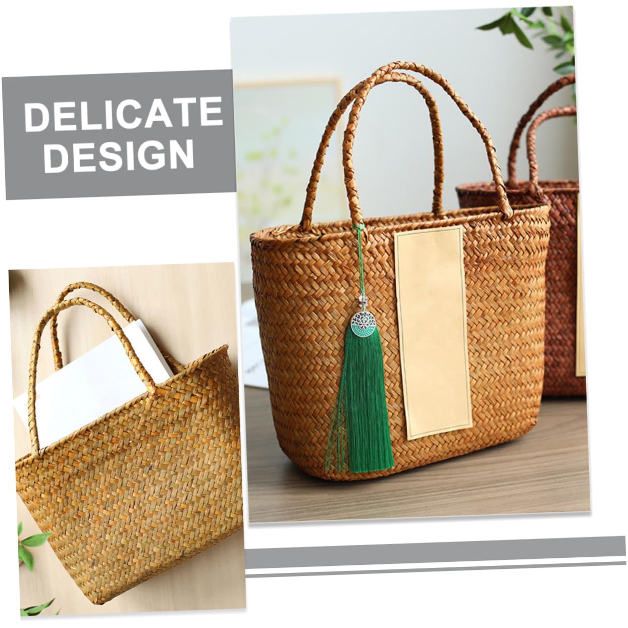 Hohopeti Cesta Pequeña con Asa de Paja Natural para Almacenamiento y Decoración, Diseño Delicado, Ligera, Adecuada para IR la Playa o Decorar Tu Salón