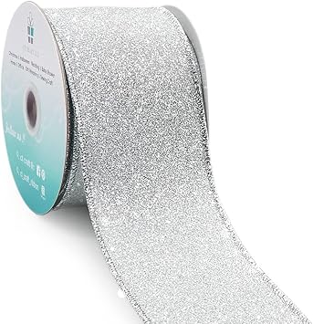 Glitter Wired Ribbon 2.5" x 10 Yards Silver for Christmas Home Decor Bow Gift Wrapping DIY Crafts Wreath