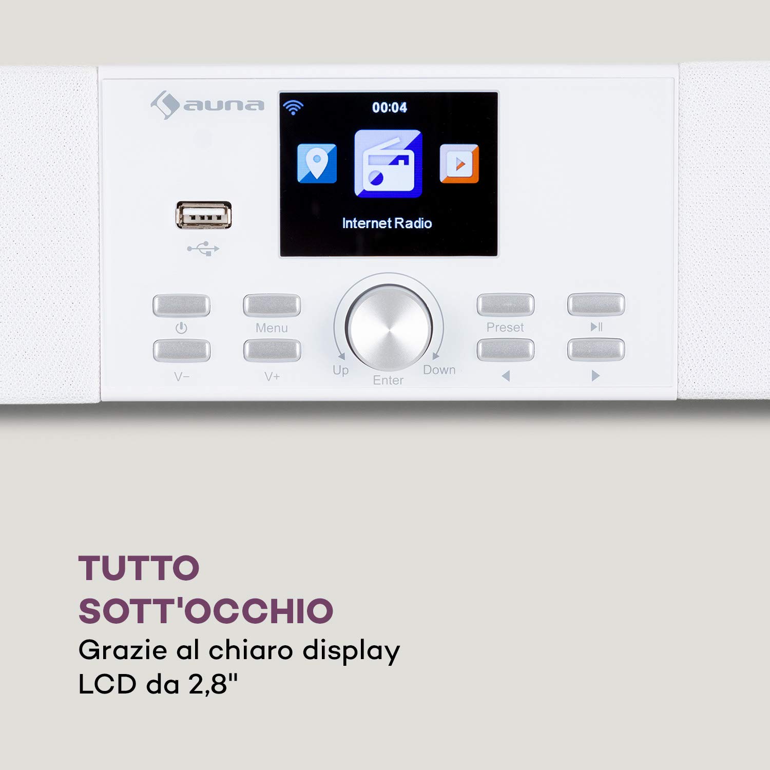 AUNA Stealth Base - Connect Soundbase, 2x15 W + 30 W RMS, Radio Web/DAB+/FM, Bluetooth, AirMusic Control App, Display LC da 2,8", Porta USB, Ingresso Line, Bianco