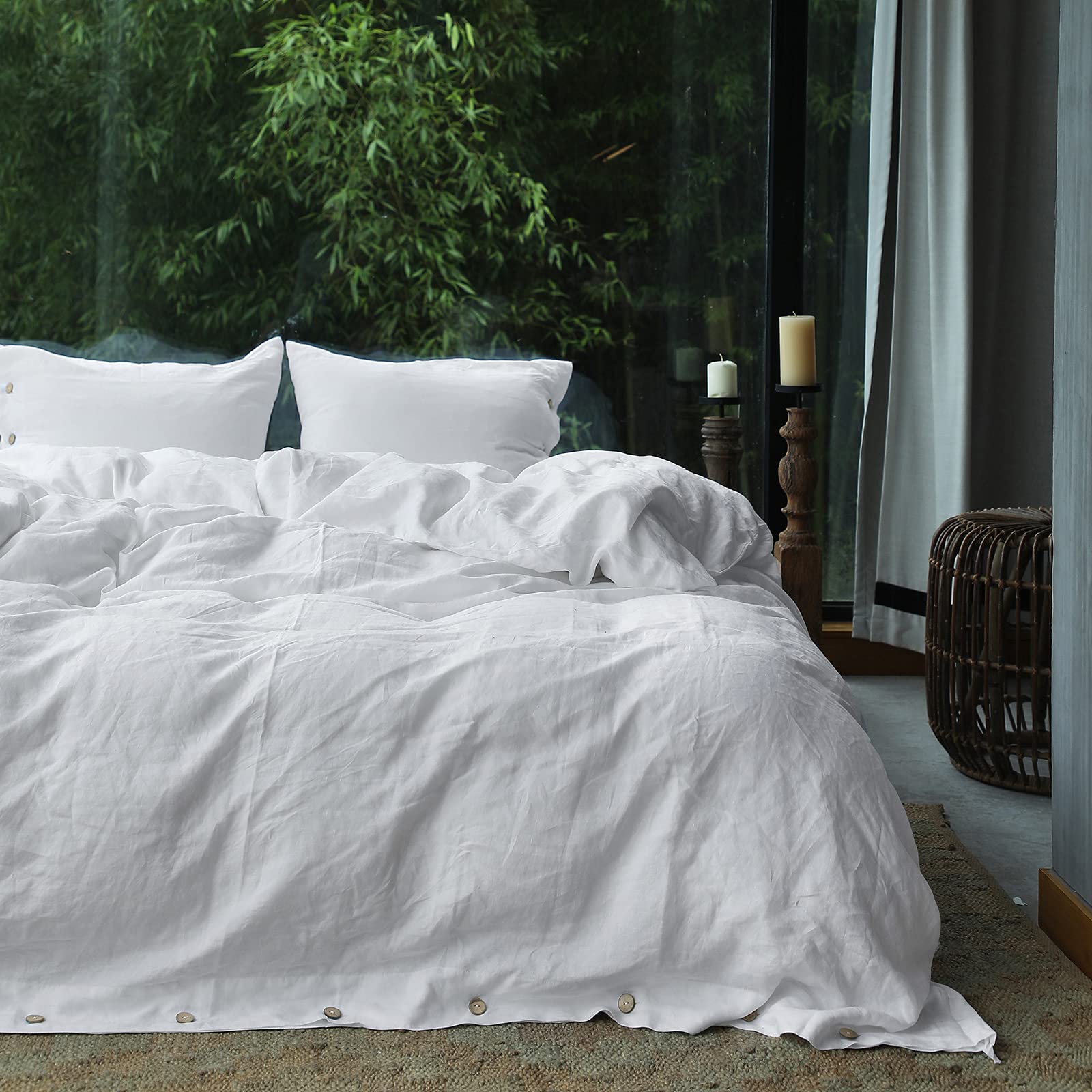 Simple&Opulence100% Linen Bed Cover Duvet Cover Set 3pcs with Coconut Button Closure Natural French Washed Flax Solid Color Soft Breathable Farmhouse Bedding - White, King Size