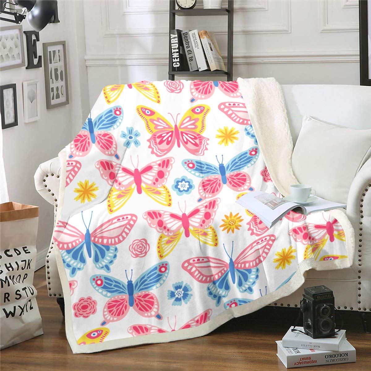 Butterfly Fleece Blanket for Sofa Couch Butterflies Print Sherpa Throw Blanket Girly Decorative Floral Flowers Plush Blanket Colorful Flying Insects Fuzzy Blanket Baby 30"x40" Flannel Blanket