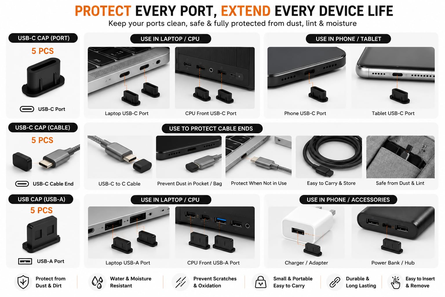 Vishw Enterprise USB Dust Protection Caps Set 15 Pack, USB-C & USB-A Port Covers, Black — Amazon image 2