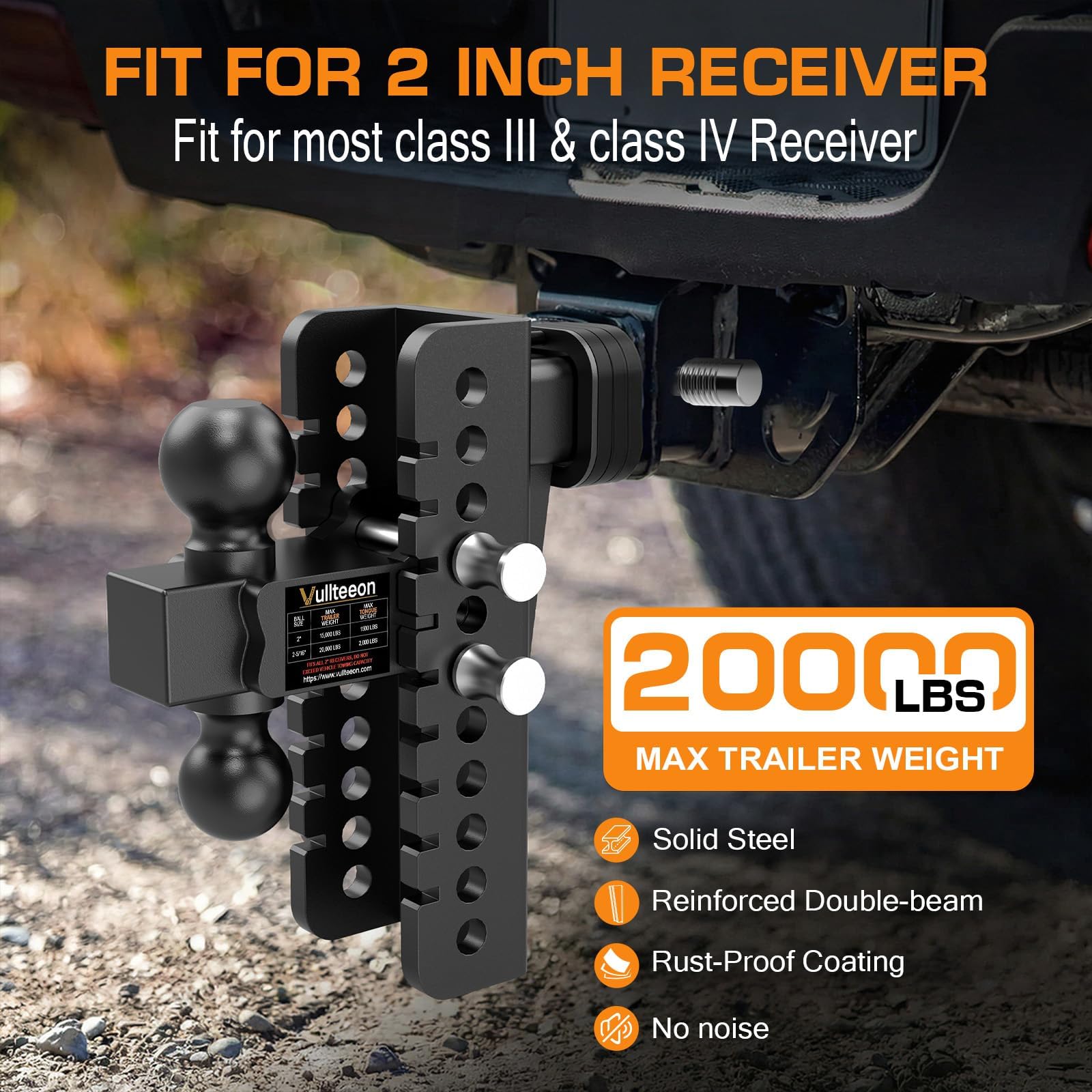 2026 Vullteeon Adjustable Trailer Hitch, 8-Inch Drop for 2-Inch Receiver - Heavy Duty Alloy Steel Truck Hitch with Slot-fit Design, Dual Ball Mount (2” & 2-5/16”), 20000 lbs GTW Tow Hitches — view 2