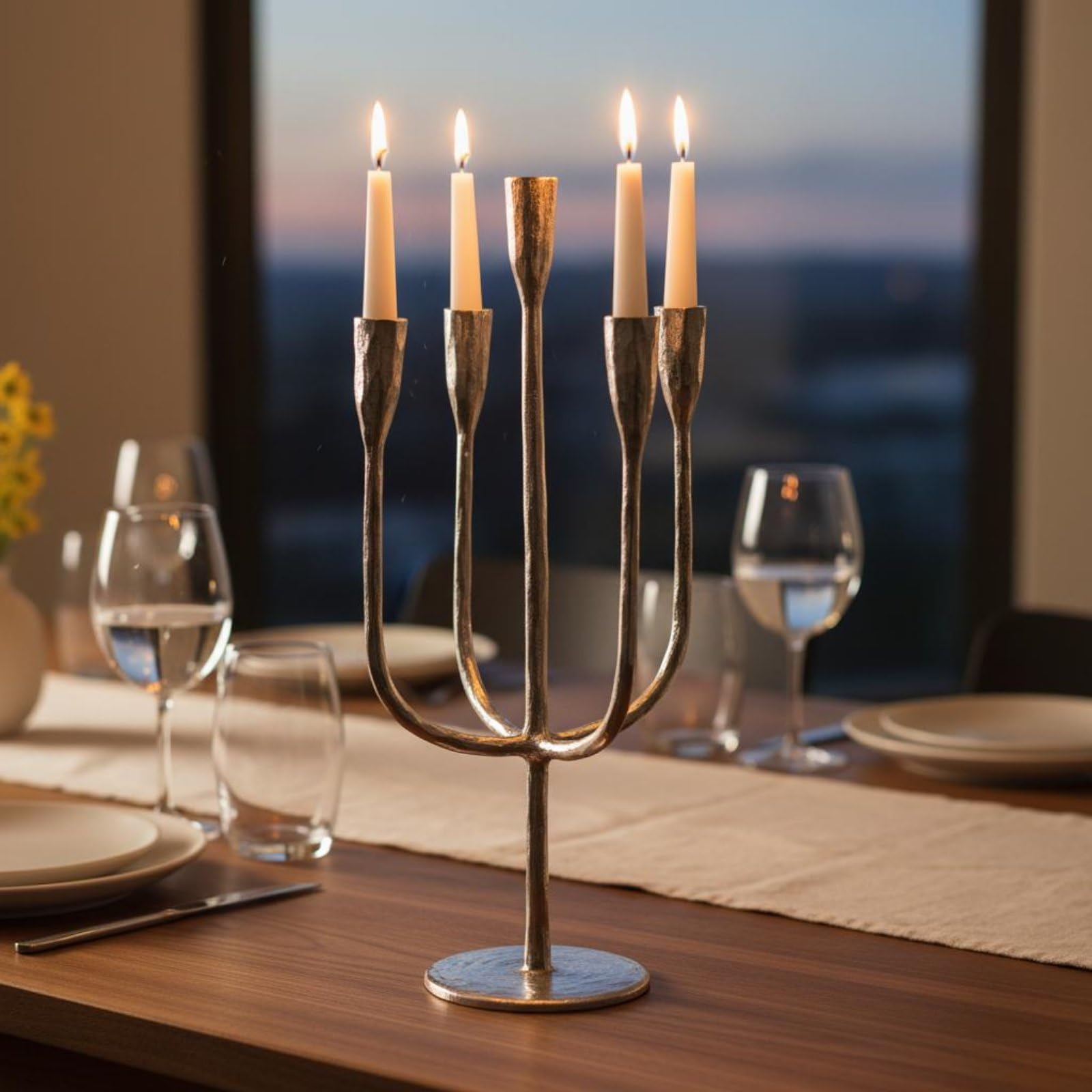 Candelabro Portacandele Candeliere Centrotavola Supporto Superficie Argento in Alluminio Struttura Slanciata a 5 per Candele Lunghe Adatto a Tavolo da Pranzo Salotto Mensola Ricevimenti