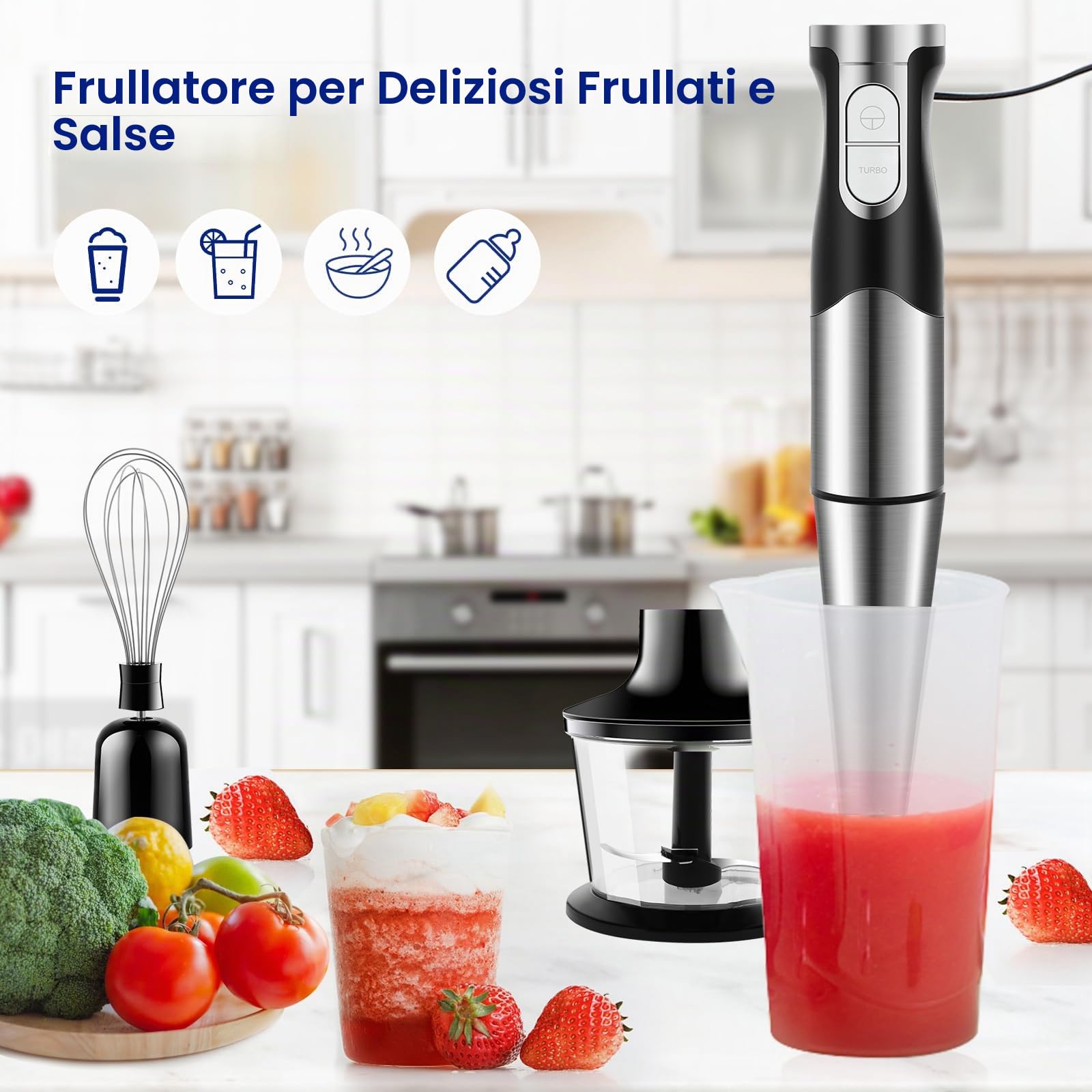 Frullatore a Immersione 1200W 6 in 1 Frullatore Tritatutto Multifunzionale con Acciao Inossidabile 304 Multifunzione Mixer Immersione con Turbo Presa Antiscivolo Velocità Regolabile