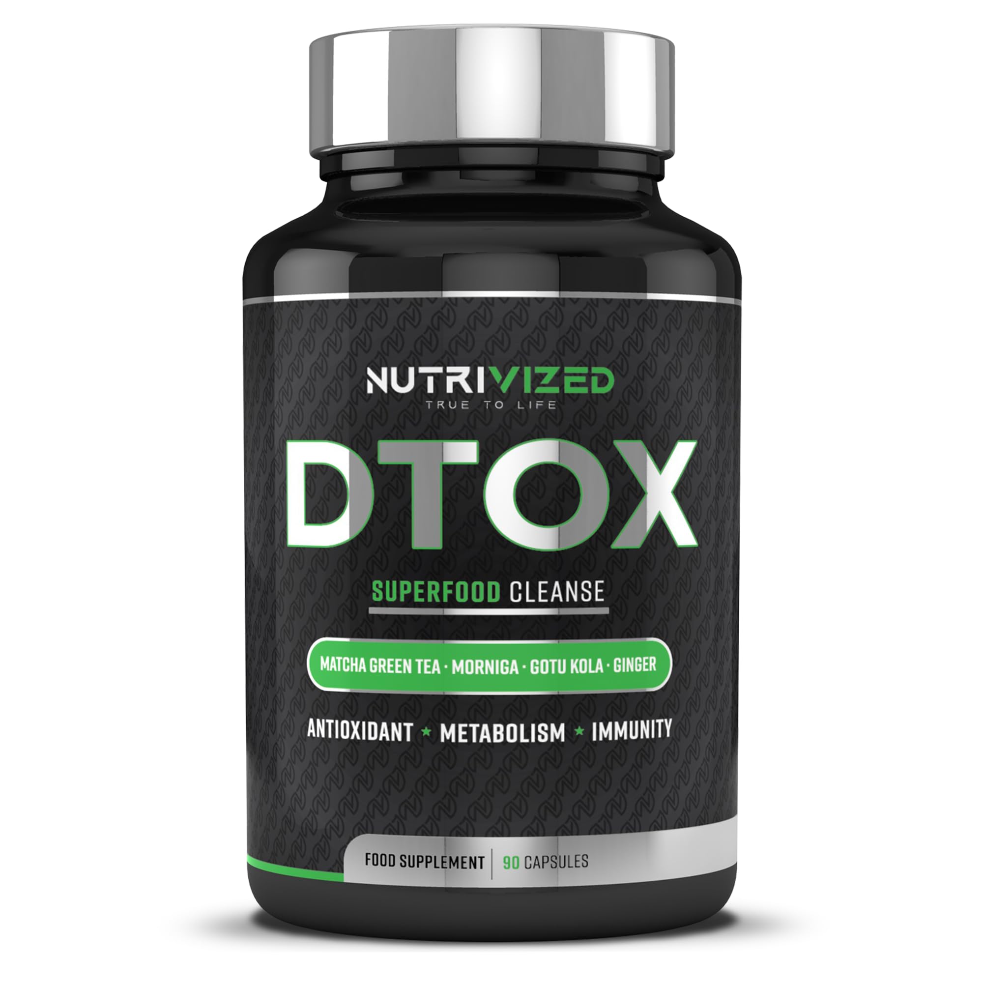 Nutrvized Detox with Matcha Green Tea, Moringa, Gota Kula and Ginger Extract, Support Immunity - 90 Capsules - Made in The UK