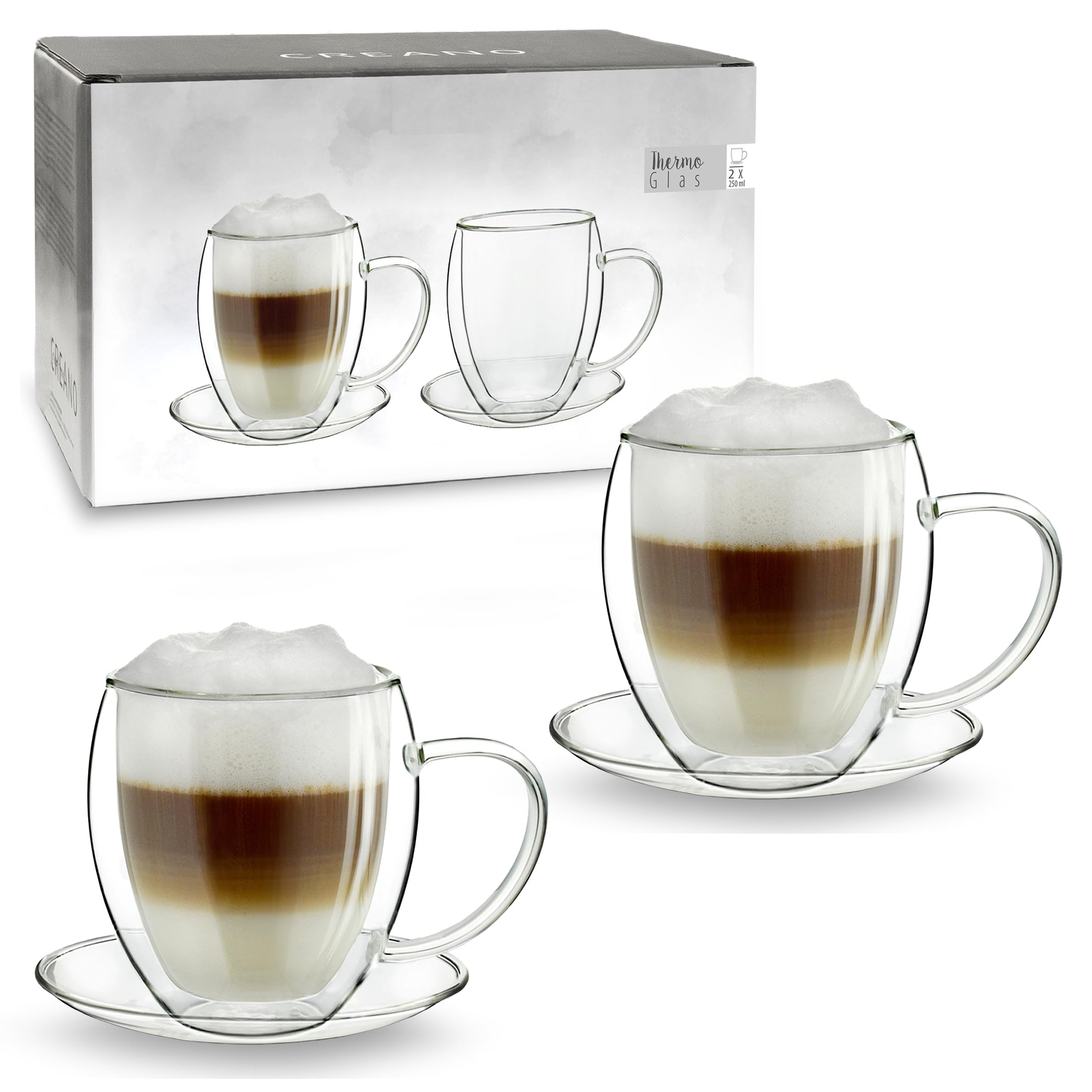 Creano 2X 250Ml Set Of 2 Curved Thermal Glasses 250Ml With Saucers – Double-Walled Borosilicate Glass – Insulated Design For Coffee, Latte & Tea