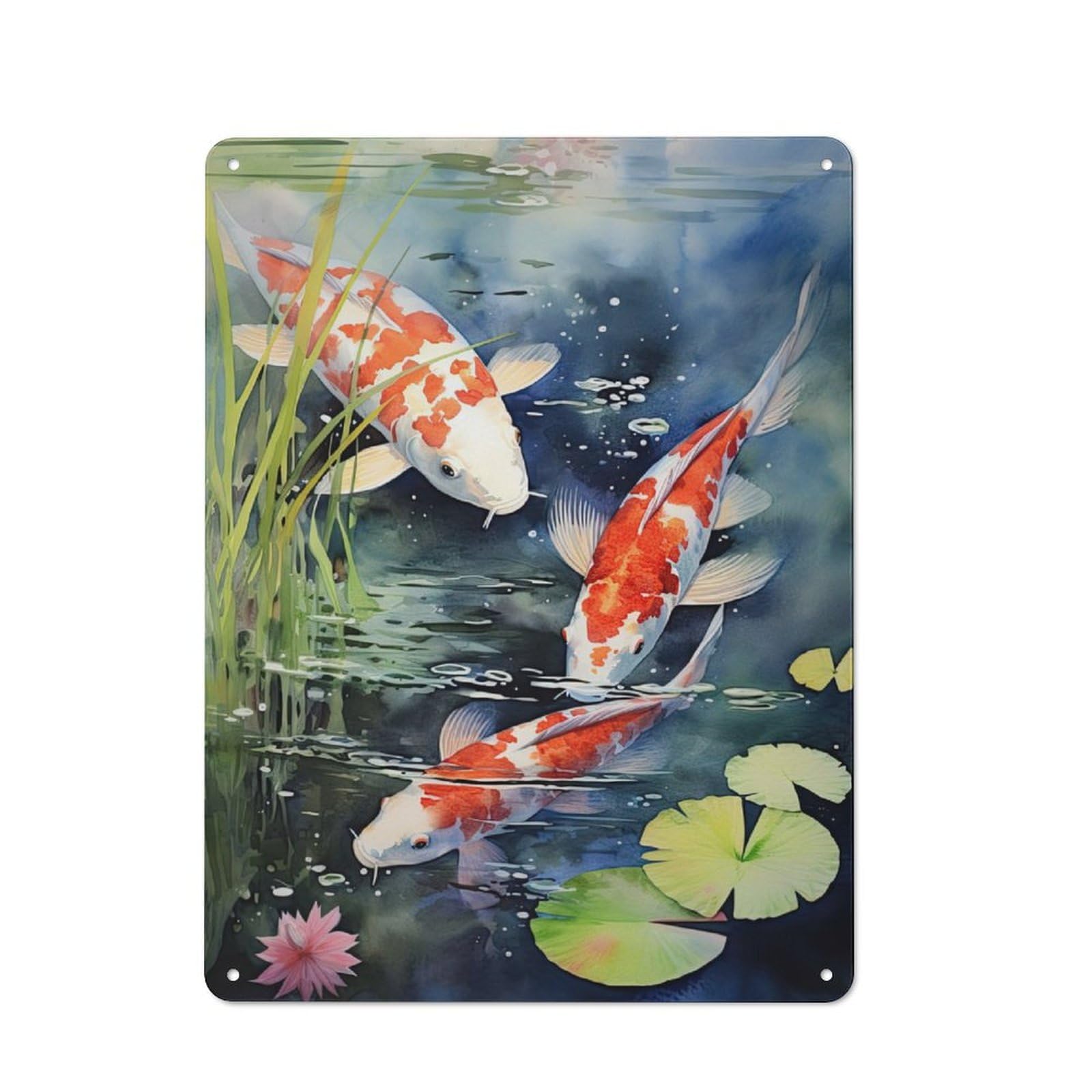 Junmoney Koi Fish Watercolor Retro Tin Wall Plaque 40X30cm Featuring For Pub Or Café, New-Space Wall Decor For Pub Decor Enthusiasts