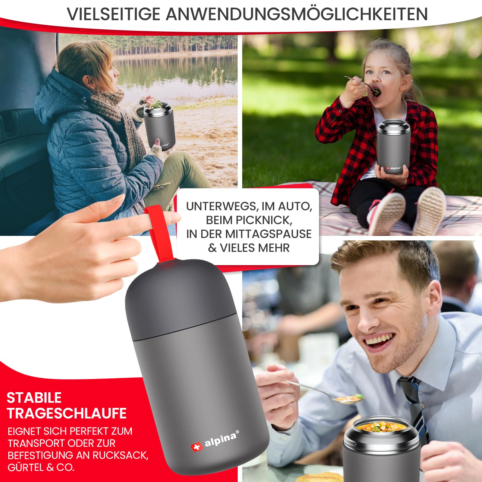 alpina contenitori ermetici per alimenti – tazza termica 730 ml lavabile in lavastoviglie con compensazione pressione - Cibi caldi e freddi a lungo I Borraccia termica in acciaio inox senza BPA