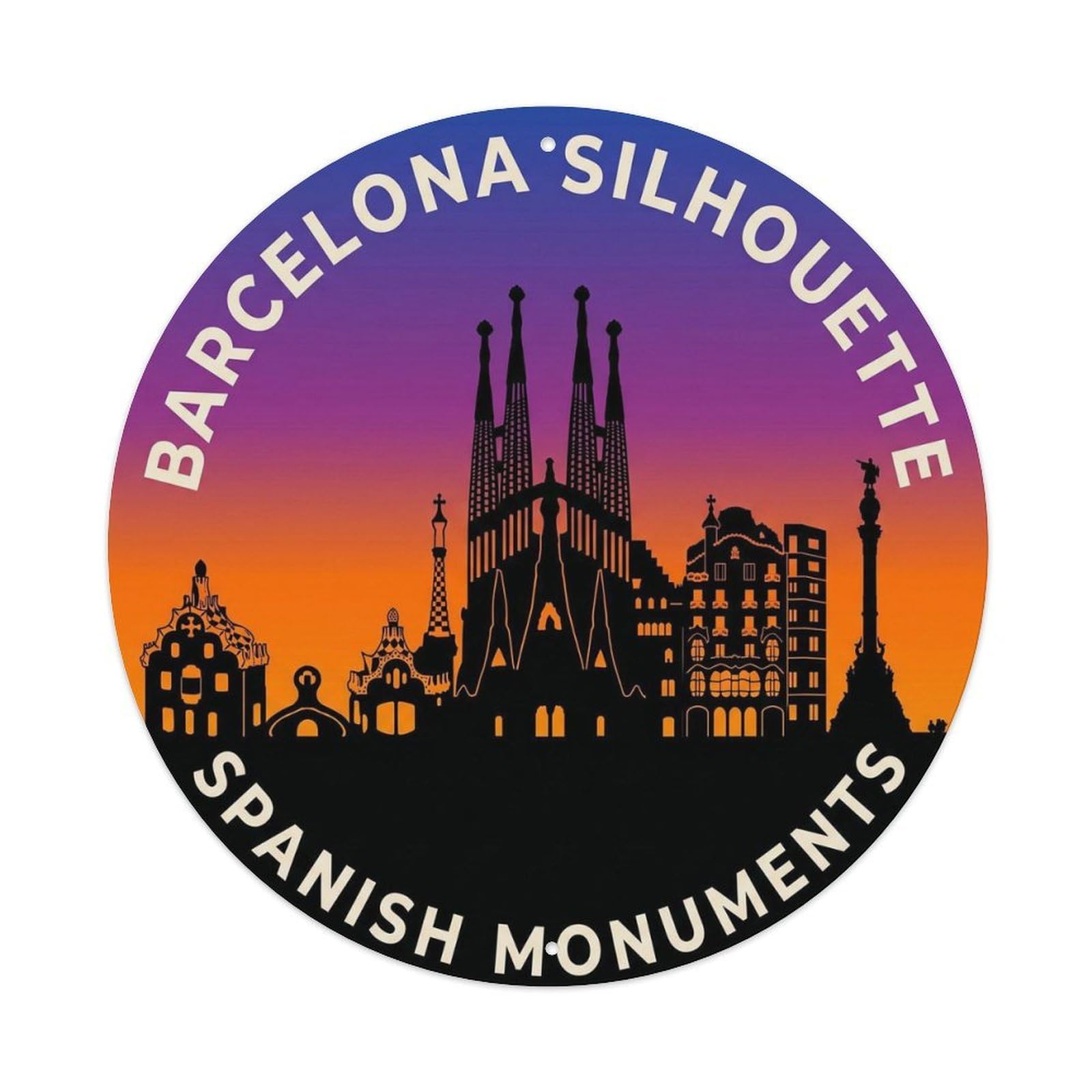 Spanish Barcelona Silhouette Monument Classic Travel Landmark Metal Tin Sign Plaque Wall Decor for Cafe, Man Cave, Club Bar, Office, Home Garden Round Metal Poster 8x8Inch