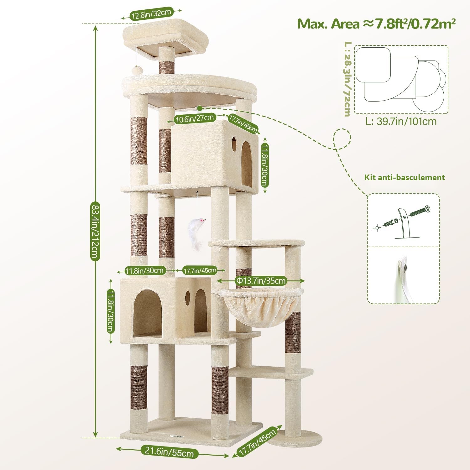 Globlazer Arbre a Chat Beige XXL 213 cm avec 2 Immense Niches, Extra-Large Plateformes, Panier, Solide Arbre à Chat pour Gros Chats Grand Maine Coon Ragdoll Adulte Repos Jeu Gratter (F83, Beige)