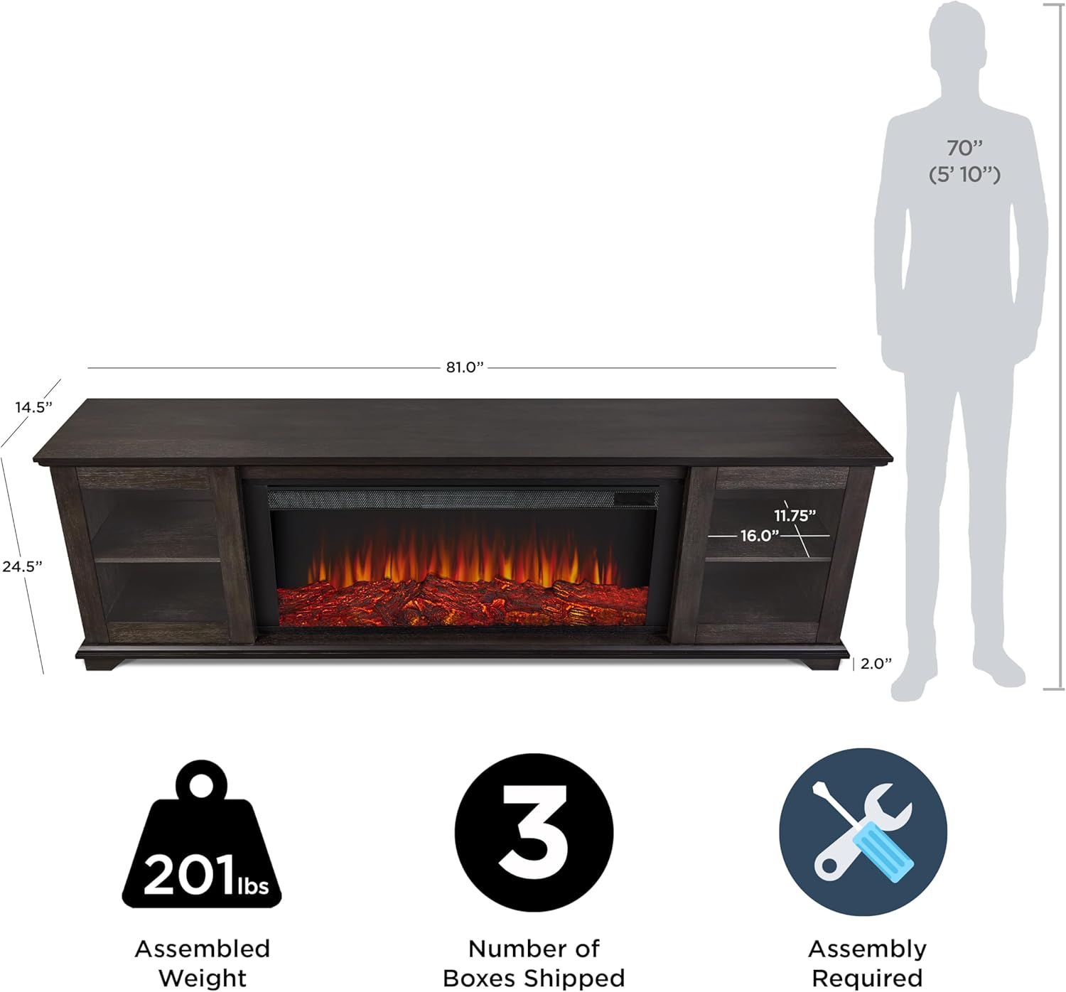 Real Flame Benjamin 81" Electric Fireplace TV Stand for TVs up to 80 inches, Entertainment Center with Adjustable Shelves and Storage, TV Stand for Living Room and Bedroom, Remote Control, Timer
