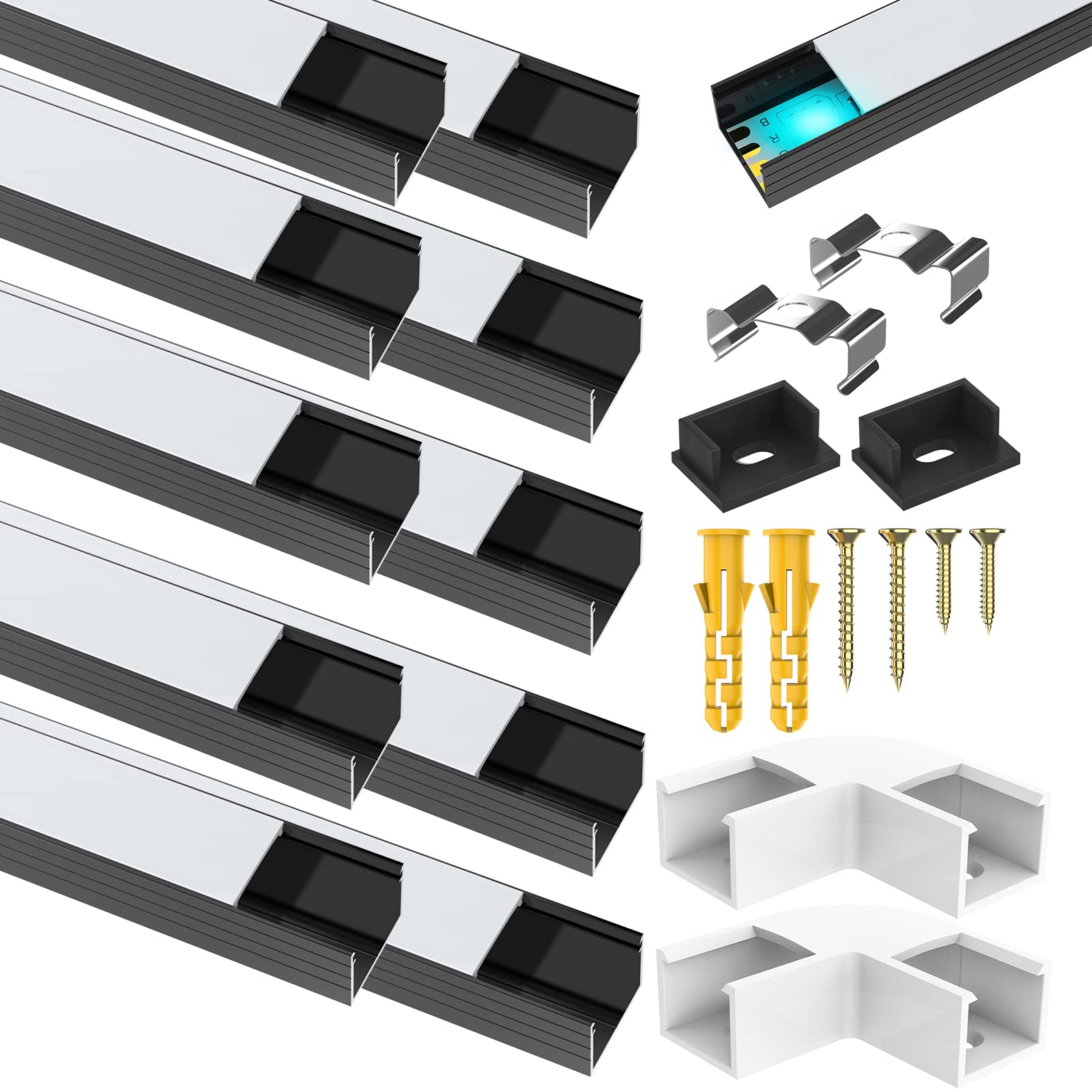 10Pack Led Aluminum Profile for Philips Hue Led Strip Lights etc,1m/3.3ft U-Shape Led Aluminum Channel,Black Led Diffuser with Milky White Cover for Indoor, End Caps and Metal Mounting Clips