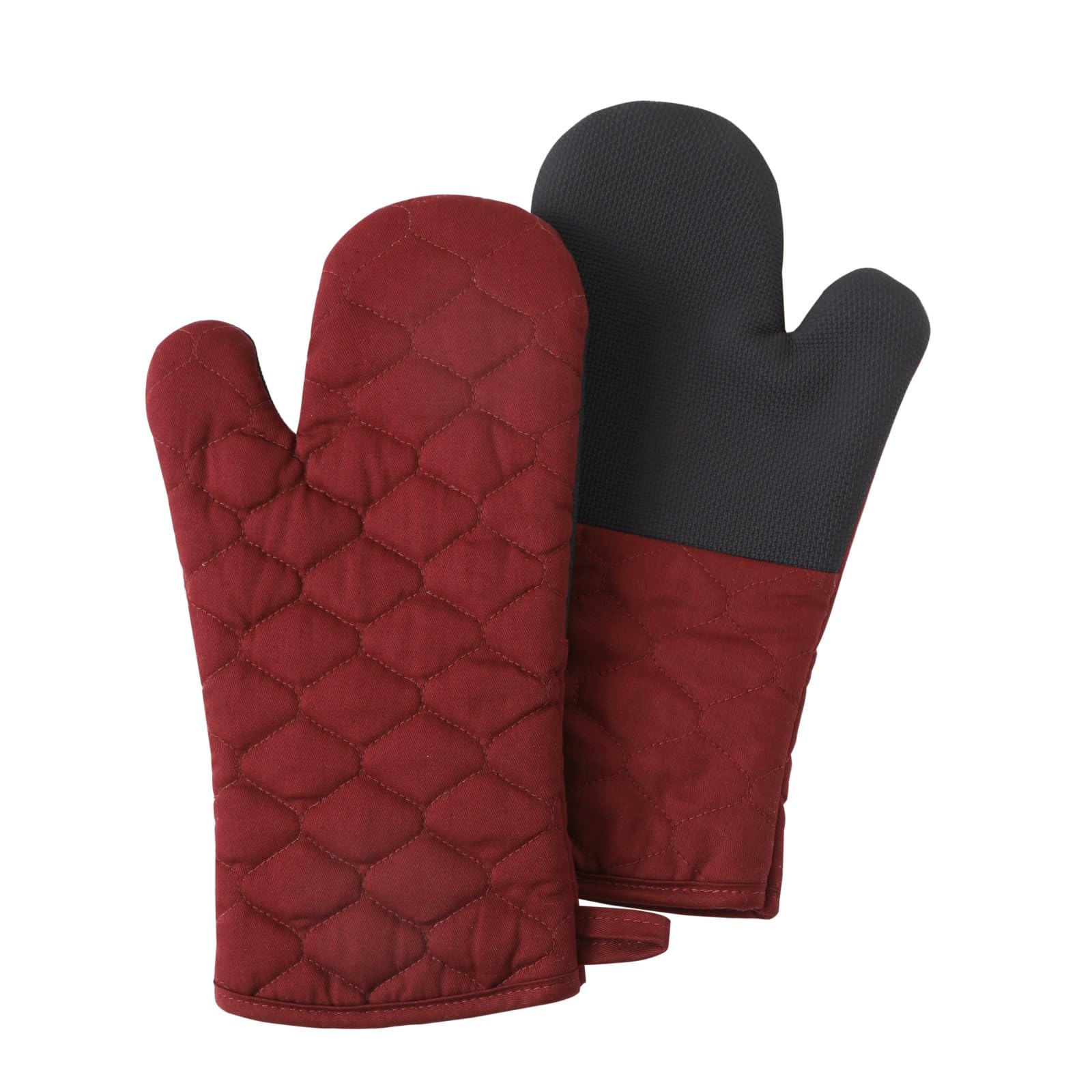 Glynniss Heat Resistant Oven Mitts, 2 Pcs of Silicone Oven Mitts, Non-Slip Grip Surfaces Kitchen Gloves for Cooking, Machine Washable with Hanging Loops Oven Gloves (7x13 inches, Wine)