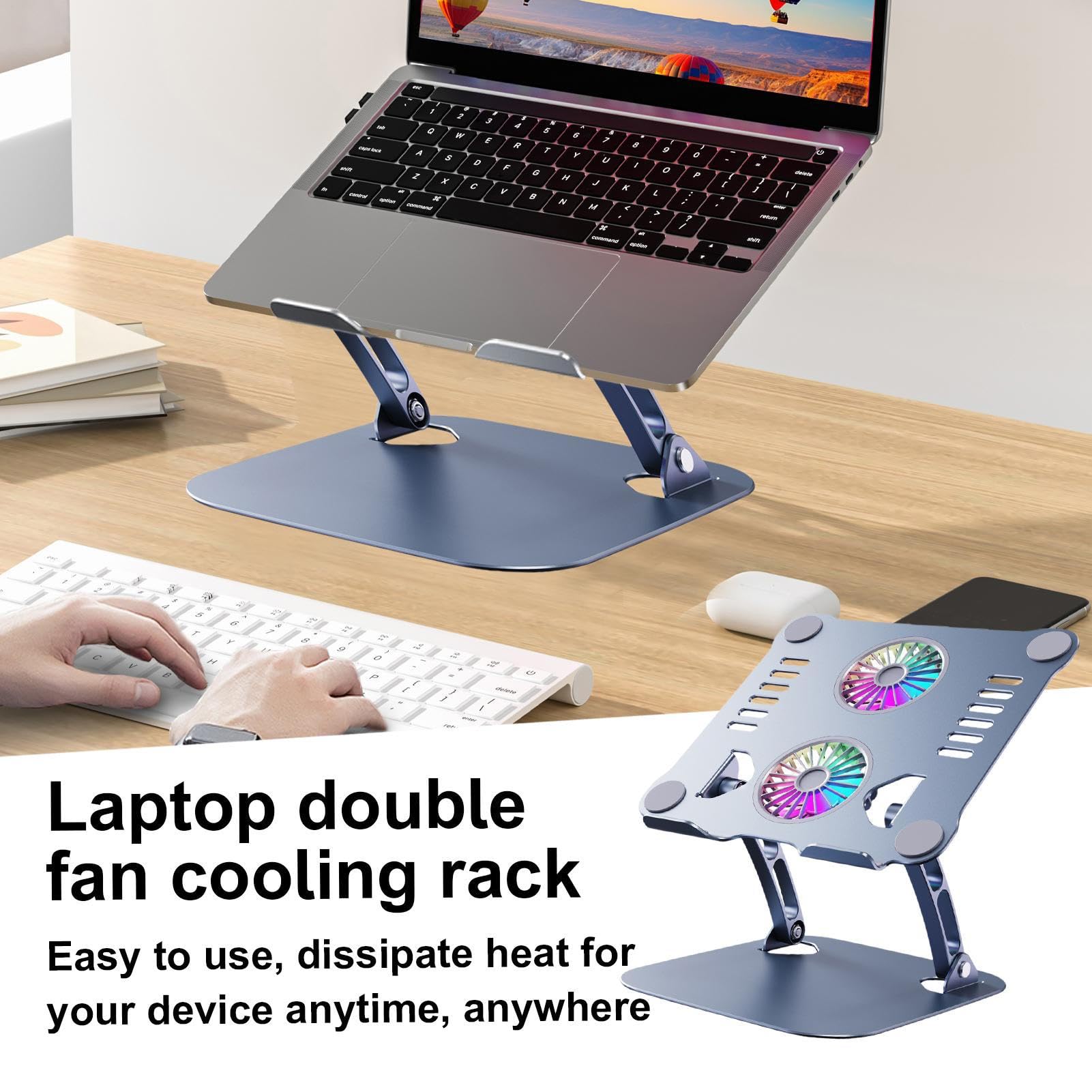 Wentylator stoj?cy laptopa, regulowana podk?adka ?odz?ca | sk?adana ergonomiczna podpórka, metalowa wentylowana podpórka do zapobiegania przegrzaniu, podró? do domu i do u?ytku w ?ó?ku