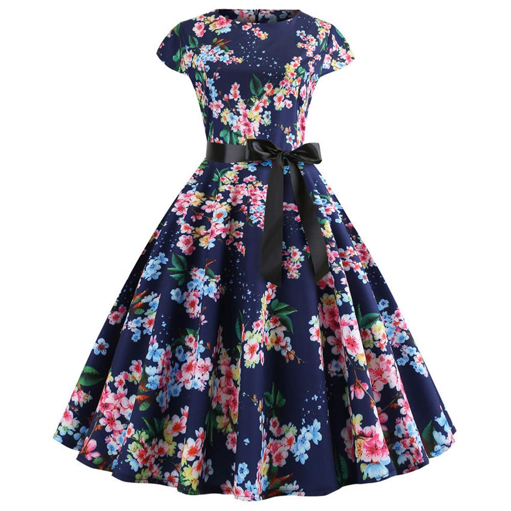 GenericWomen Tea Dress,Pattern Print a Line Cocktail Party Dress Slim Fitting Tea Party Dress Flowy Floral Midi Dress