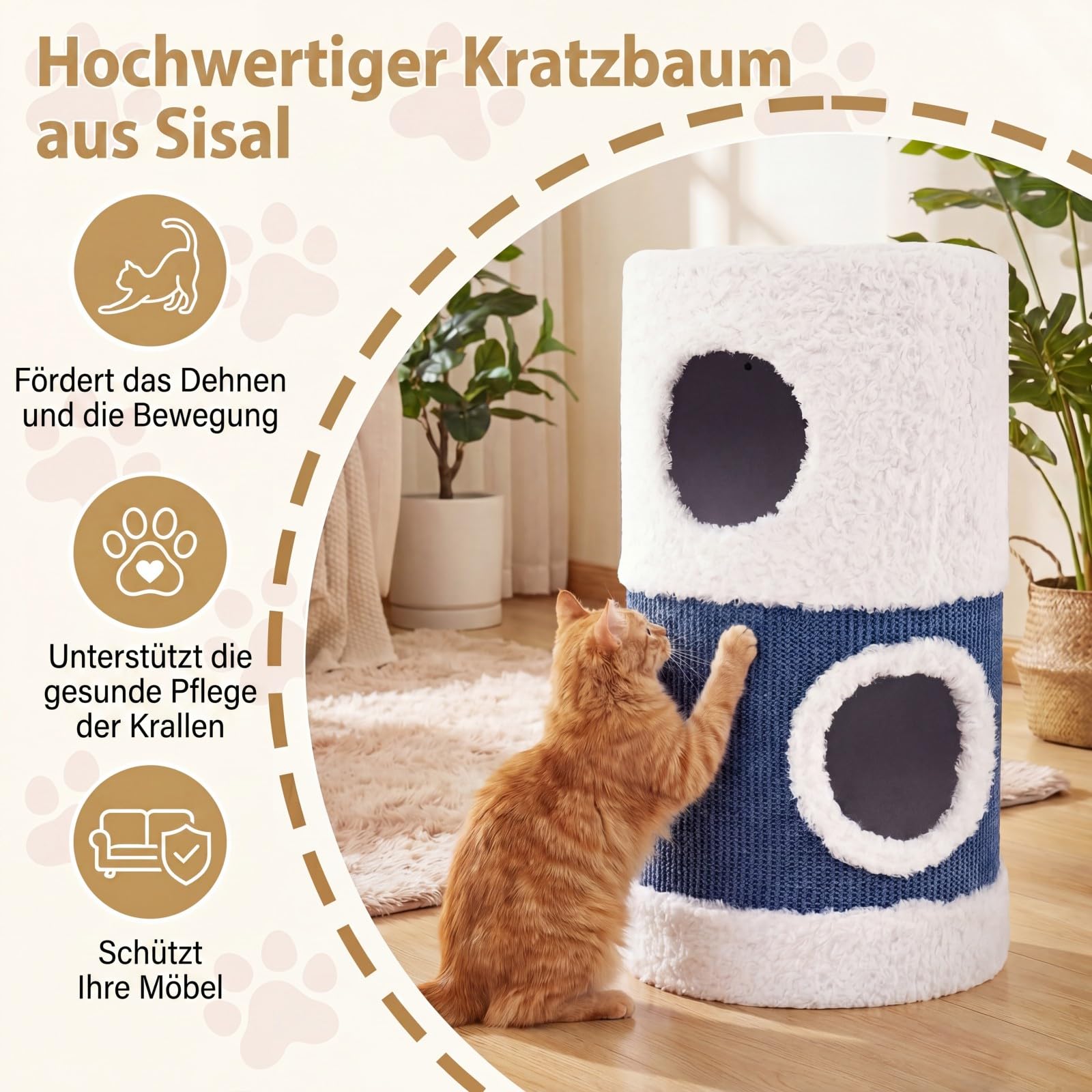 GOPLUS 2-stöckiges Katzenhaus mit Kratzbrett, Katzenhöhle mit überdachtem Katzenbett & integrierten Katzentunnel, Moderne Katzentonne, 35 x 35 x 66 cm, stabile Katzenhütte für Hauskatzen