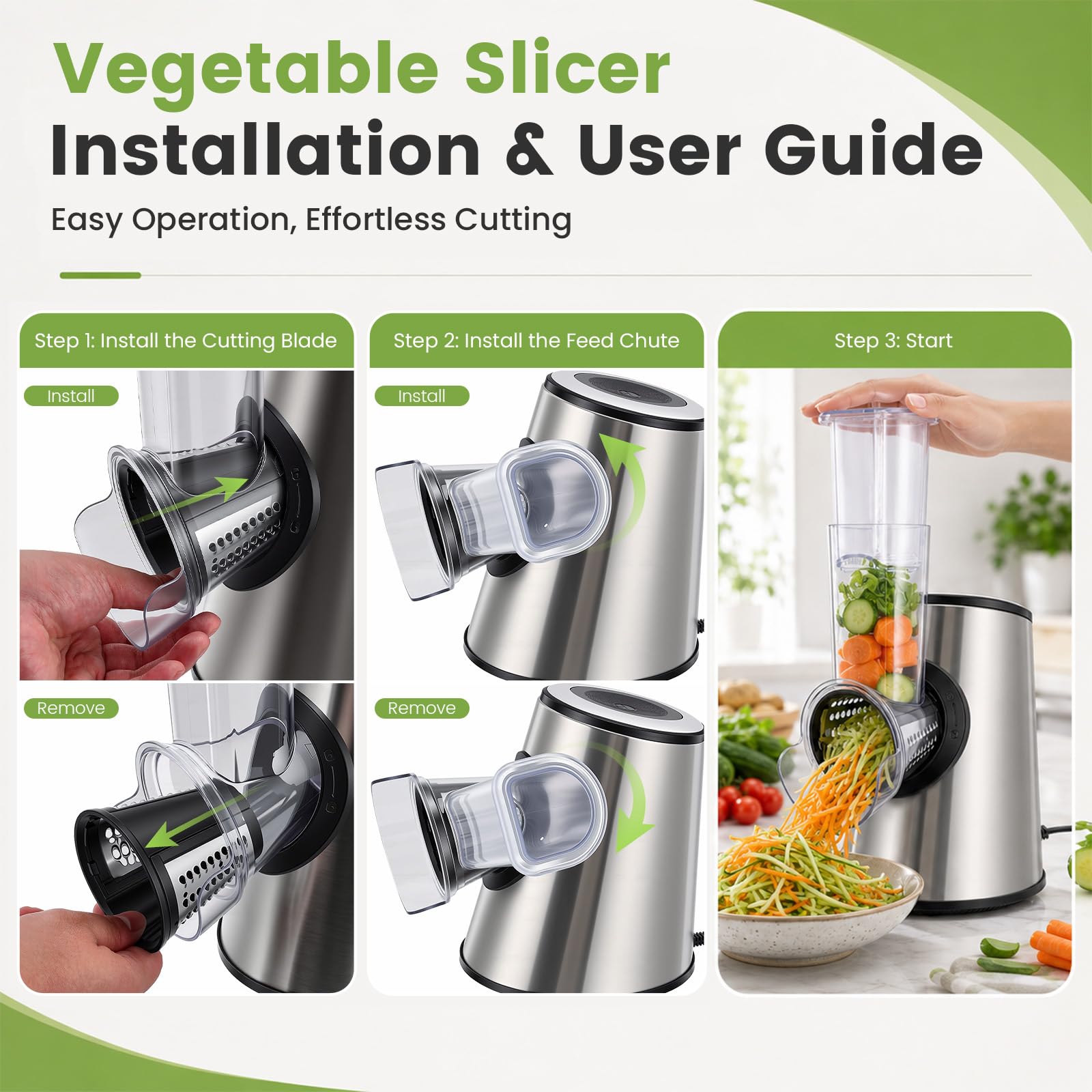 Rallador Eléctrico Profesional 5 en 1, 800 W con 5 Conos en Acero Inoxidable, Cortador y Picadora Multifunción con Apertura Grande de 9 cm para Frutas, Verduras, Queso, Nueces, Zanahorias, Gris
